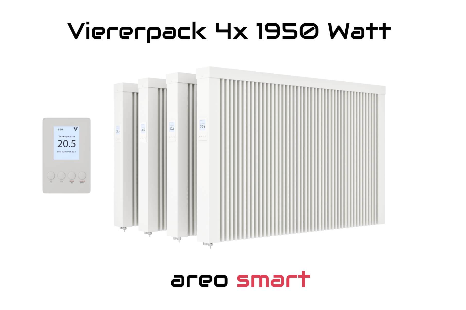 Elektroheizung Viererpack 4x 1950 Watt Flächenspeicherheizung areo smart - digitales Thermostat mit LCD-Display - Option zur Appsteuerung von eVARMO