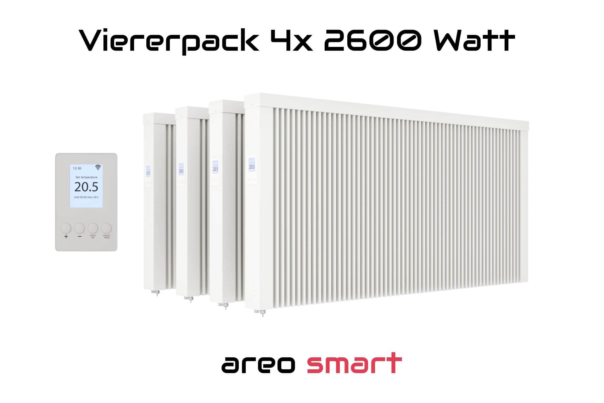 Elektroheizung Viererpack 4x 2600 Watt Flächenspeicherheizung areo smart - digitales Thermostat mit LCD-Display - Option zur Appsteuerung von eVARMO