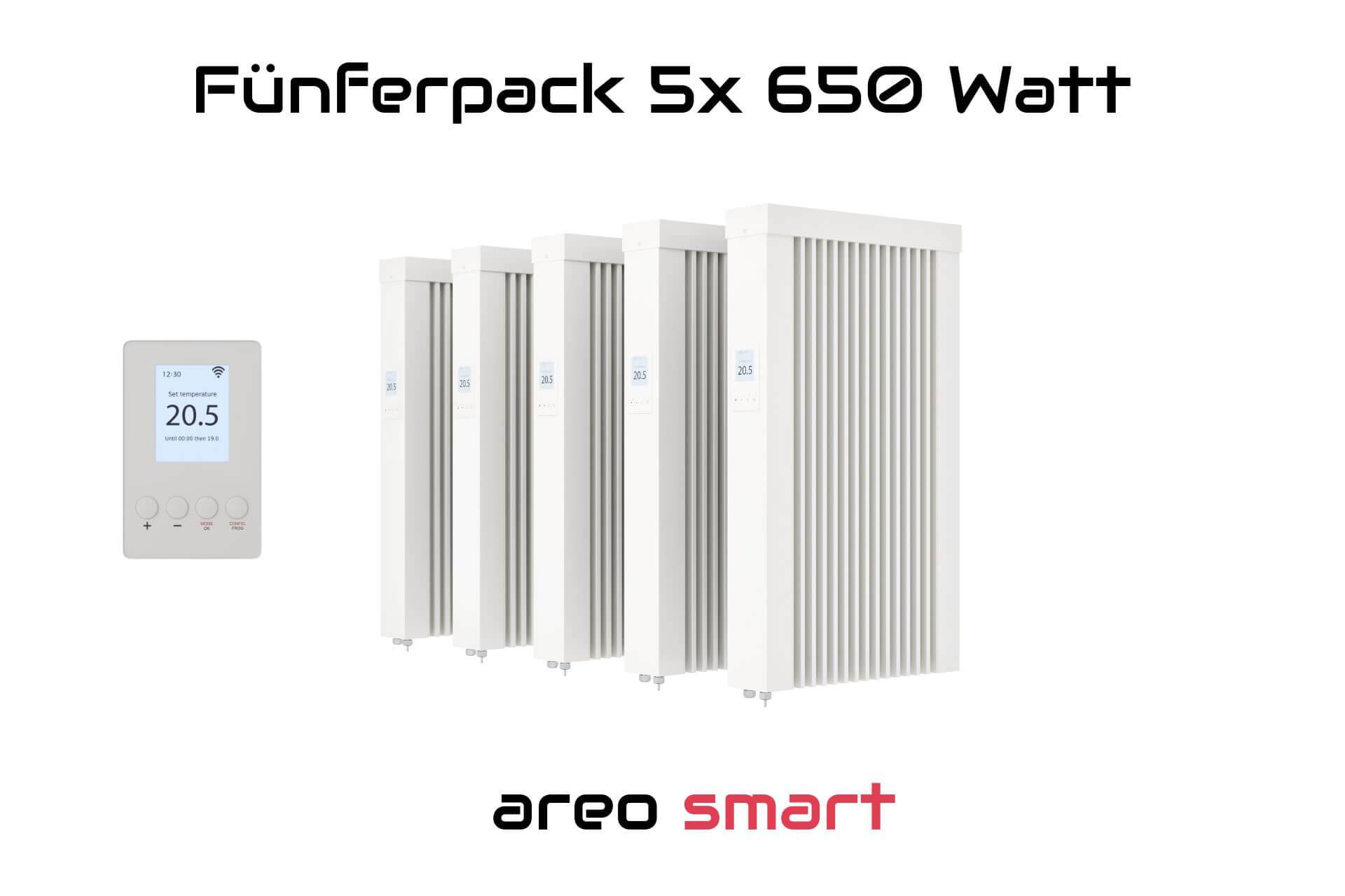 Elektroheizung Fünferpack 5x 650 Watt Flächenspeicherheizung areo smart - digitales Thermostat mit LCD-Display - Option zur Appsteuerung von eVARMO