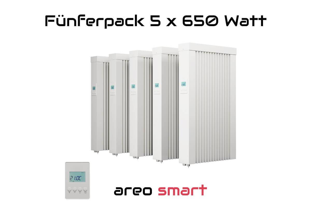 Elektroheizung Fünferpack 5x 650 Watt Flächenspeicherheizung areo direct - simples Thermostat - Appsteuerung ohne Zusatzhardware möglich von eVARM