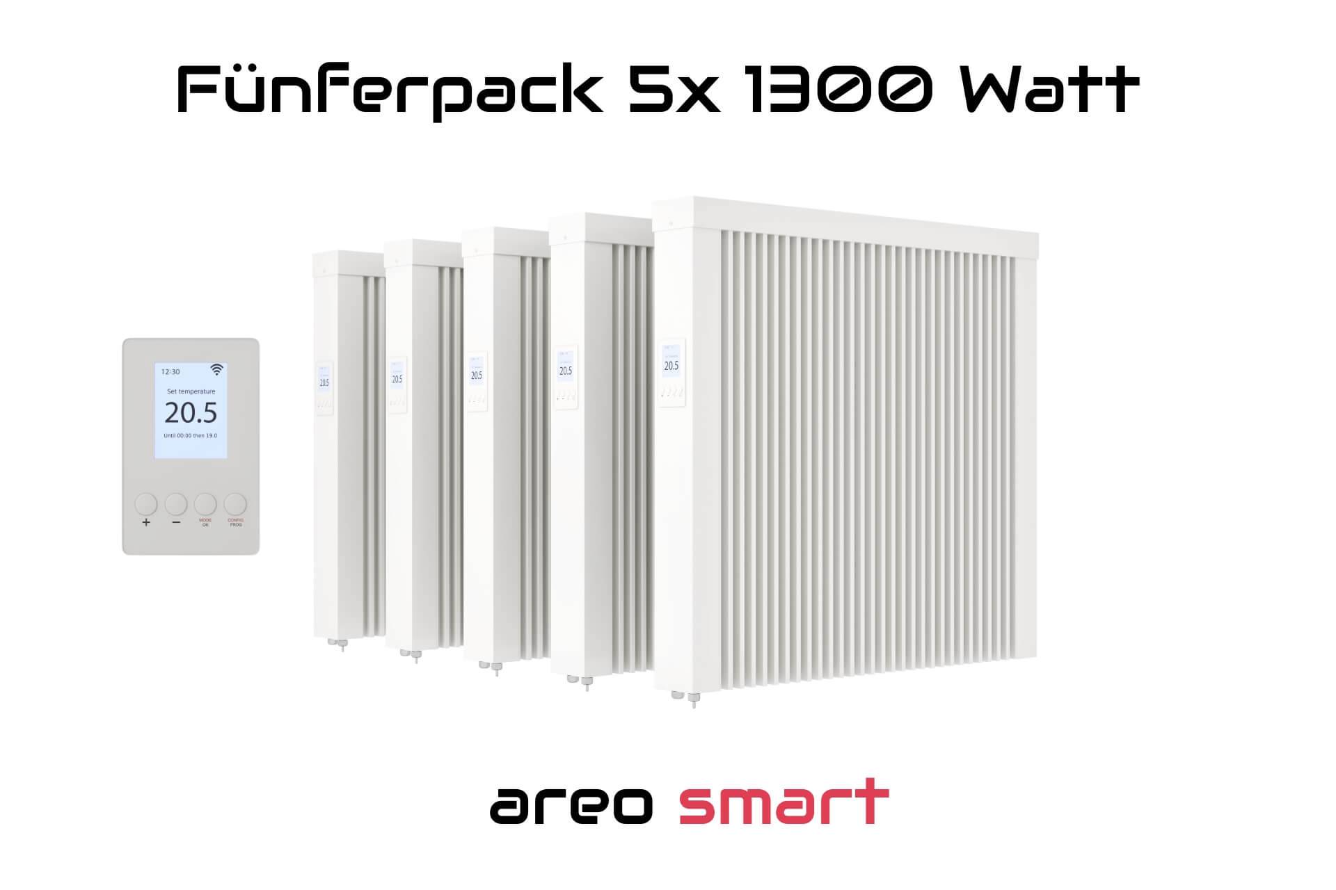 Elektroheizung Fünferpack 5x 1300 Watt Flächenspeicherheizung areo smart - digitales Thermostat mit LCD-Display - Option zur Appsteuerung von eVARMO