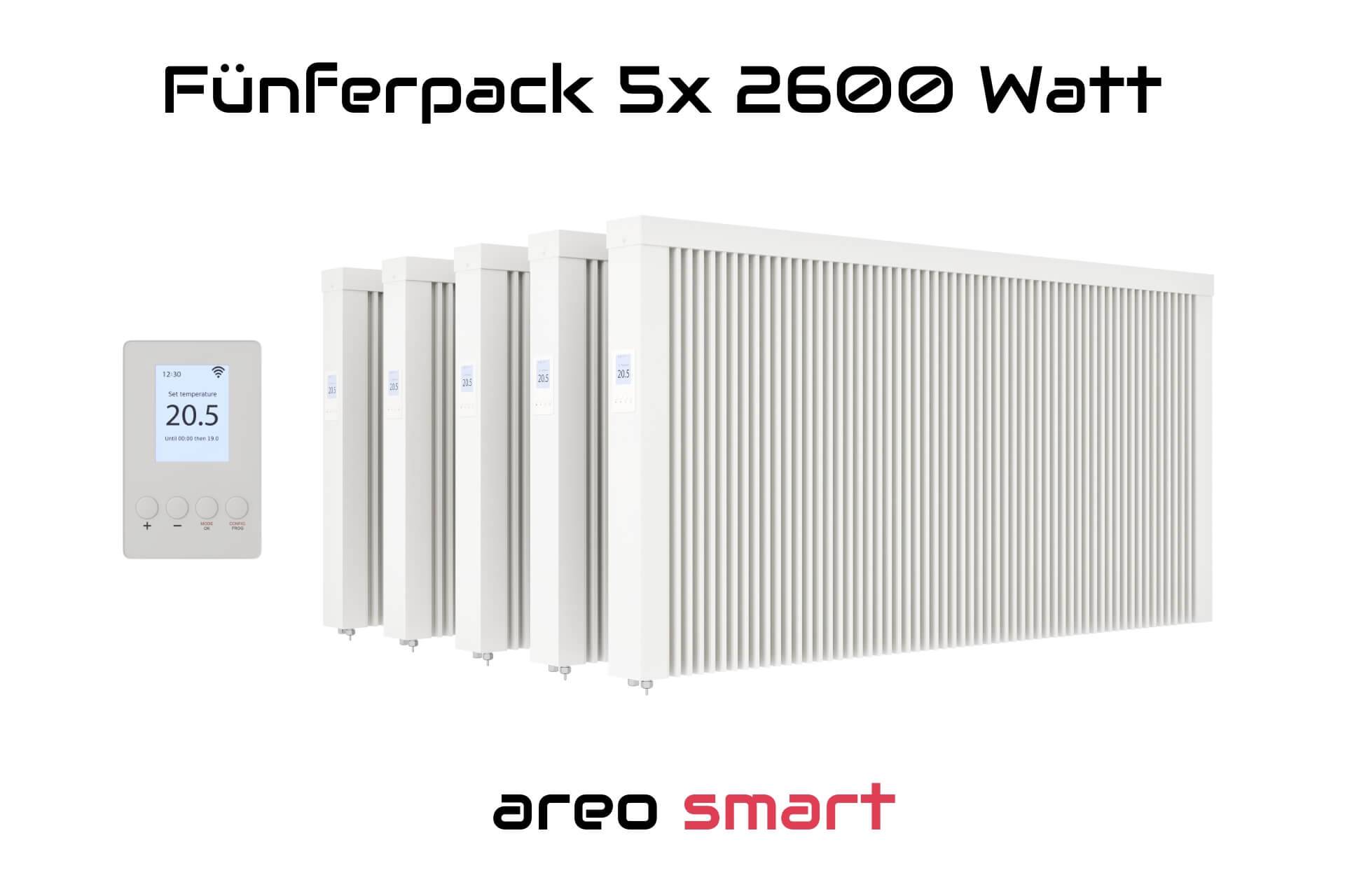 Elektroheizung Fünferpack 5x 2600 Watt Flächenspeicherheizung areo smart - digitales Thermostat mit LCD-Display - Option zur Appsteuerung von eVARMO