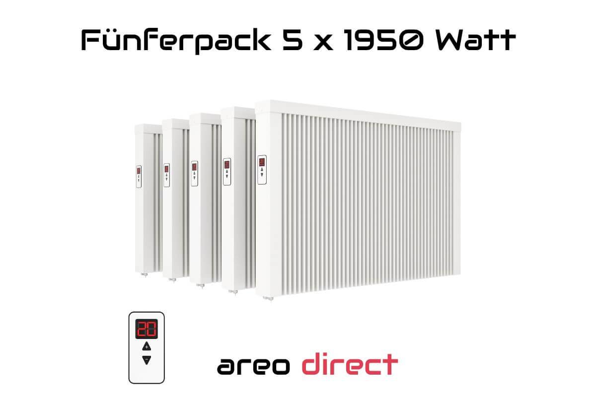 Elektroheizung Fünferpack 5x 1950 Watt Flächenspeicherheizung areo direct - simples Thermostat - Appsteuerung ohne Zusatzhardware möglich von eVA