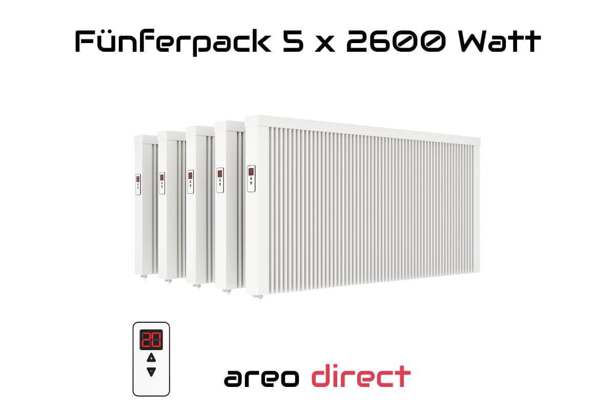 Elektroheizung Fünferpack 5x 2600 Watt Flächenspeicherheizung areo direct - simples Thermostat - Appsteuerung ohne Zusatzhardware möglich von eVA
