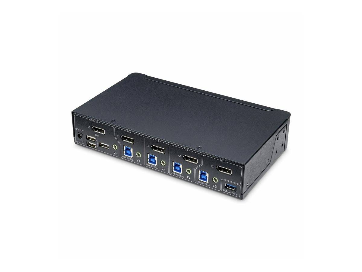 Schwarze rechteckige KVM-Schaltbox mit mehreren USB-, Audio- und Anzeigeports auf der Frontplatte.