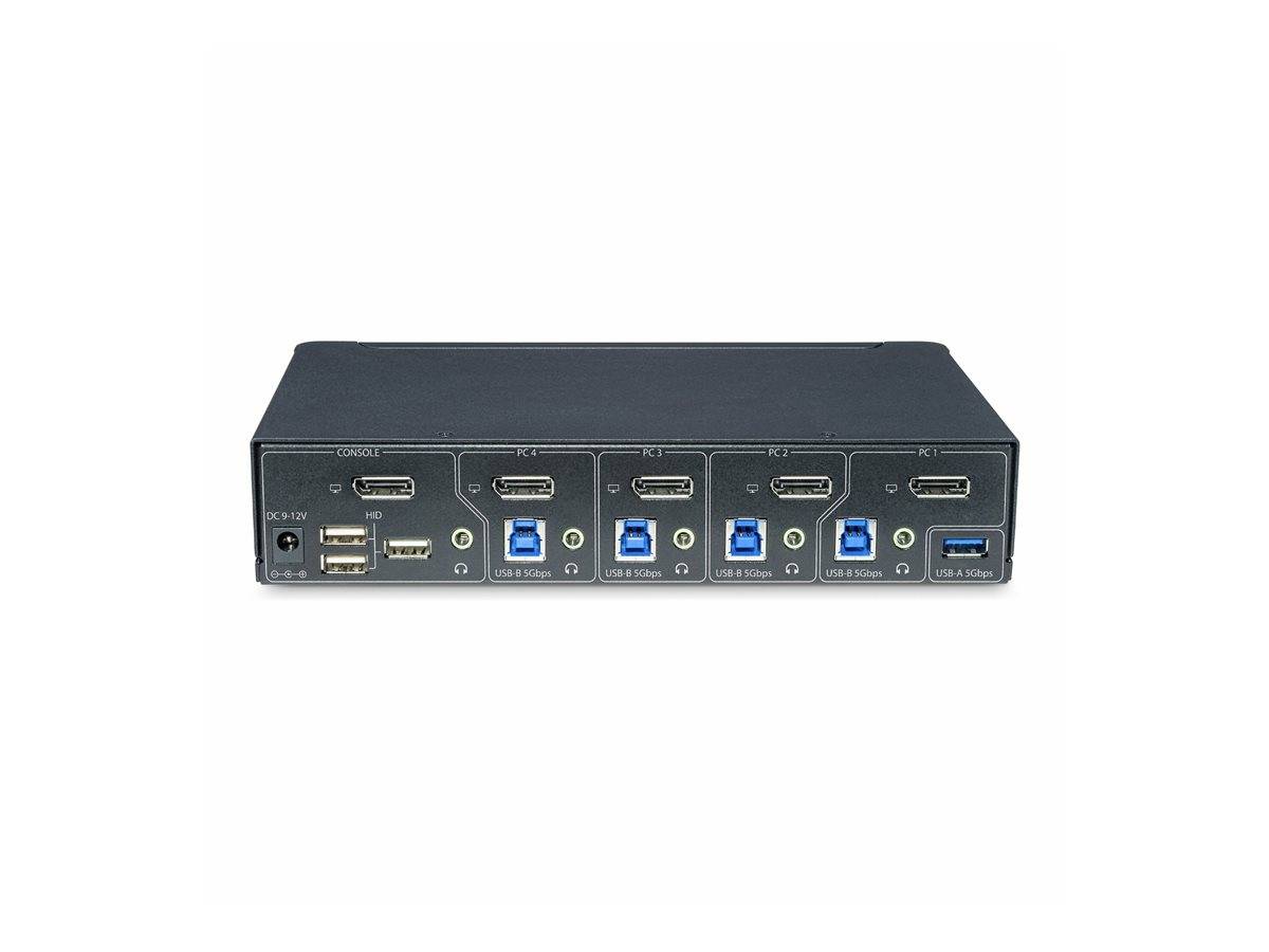 Schwarzer Rack-montierter KVM-Schalter mit mehreren HDMI- und USB-Anschlüssen auf der Frontplatte.