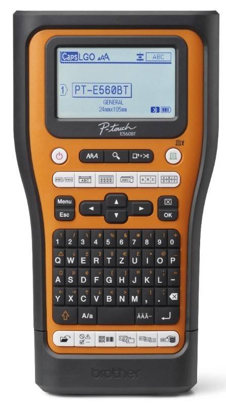Ein tragbares elektronisches Beschriftungsgerät mit Tastatur, Display mit der Anzeige 'PT-E550BT' und verschiedenen Funktionstasten zur Anpassung.