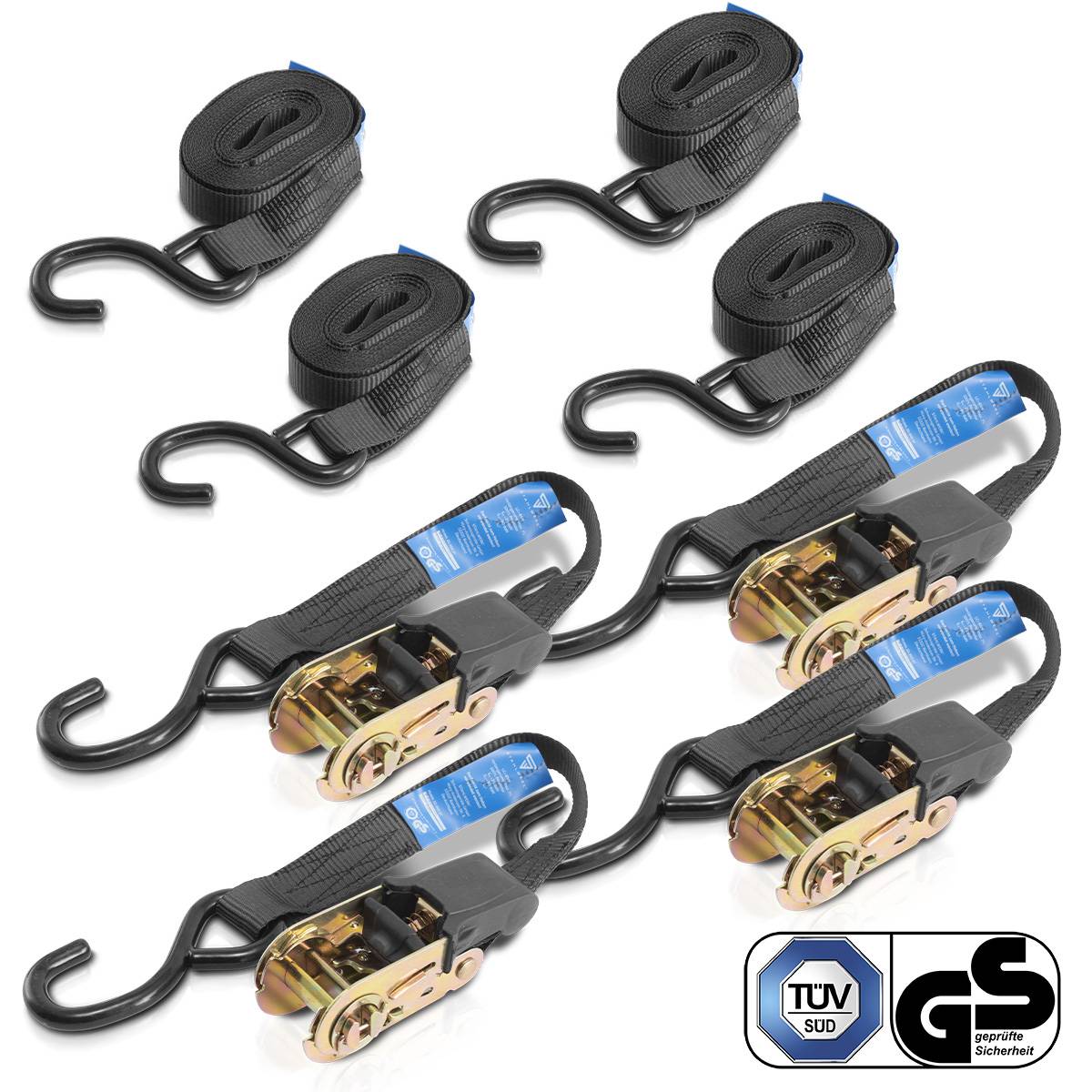 STAHLWERK Spanngurte ZG-800 ST mit Ratsche + Haken 400 kg Zuglast 4er Set