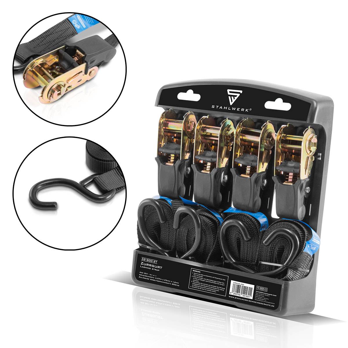 STAHLWERK Spanngurte ZG-800 ST mit Ratsche + Haken 400 kg Zuglast 4er Set