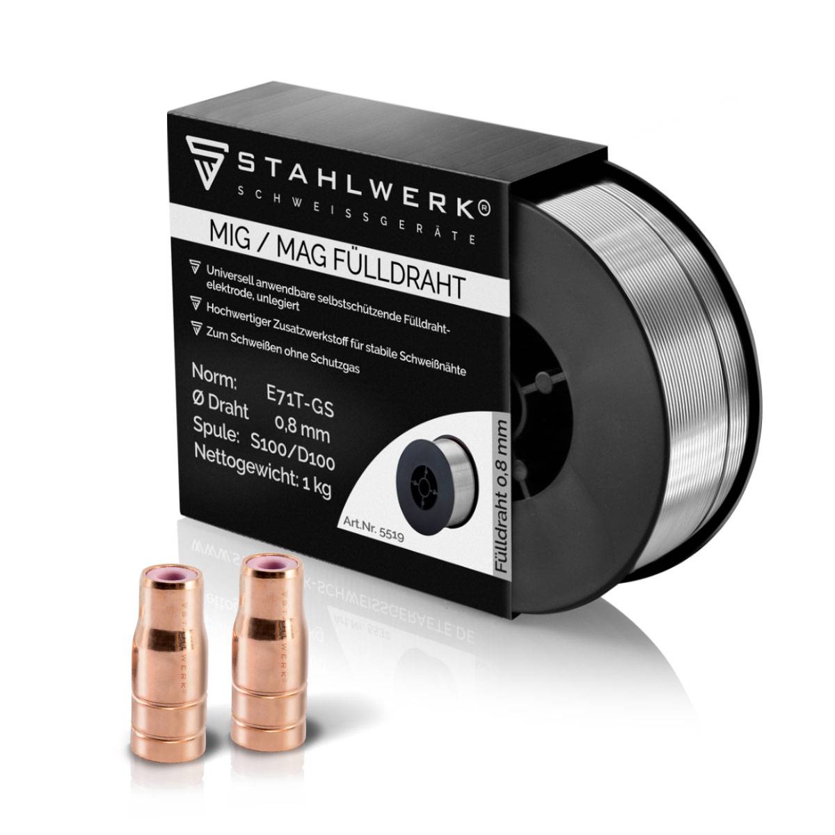 STAHLWERK Verschleißteile Set aus Fülldrahtdüse 2er Pack + Fülldraht 1 kg 0,8 mm