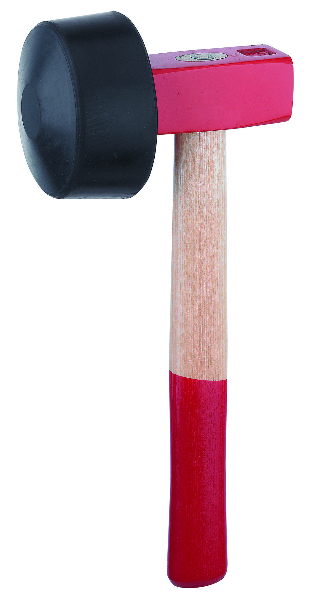 Ein Gummihammer mit einem schwarzen Gummikopf und einem Holzgriff mit roter Spitze, verwendet zum sanften Hämmern in der Holzbearbeitung oder im Bauwesen.