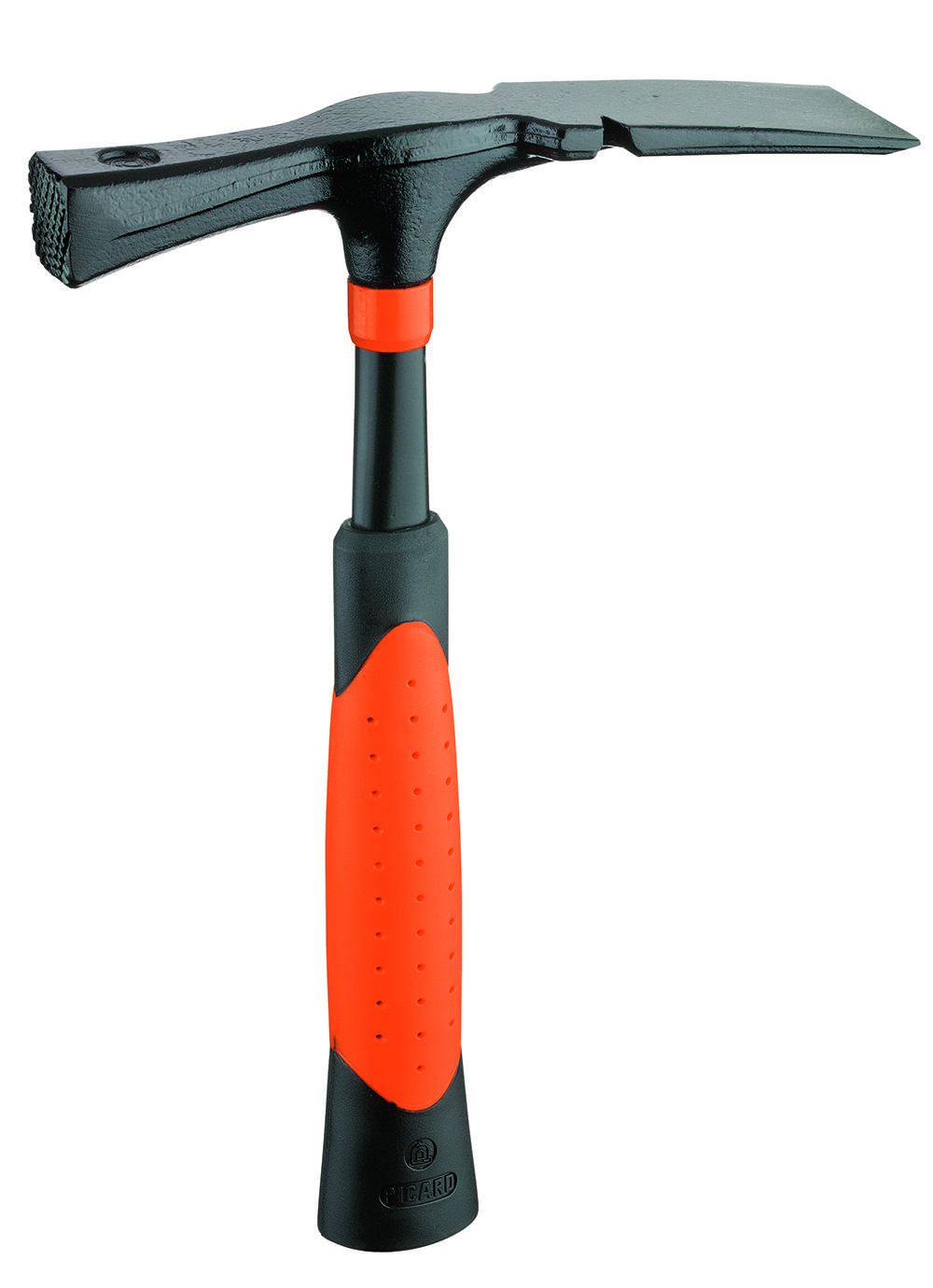 Ein schwarzer und orangefarbener Gummihammer mit ergonomischem Griff, der zum Ausüben von Kraft ohne Beschädigung von Oberflächen verwendet wird.