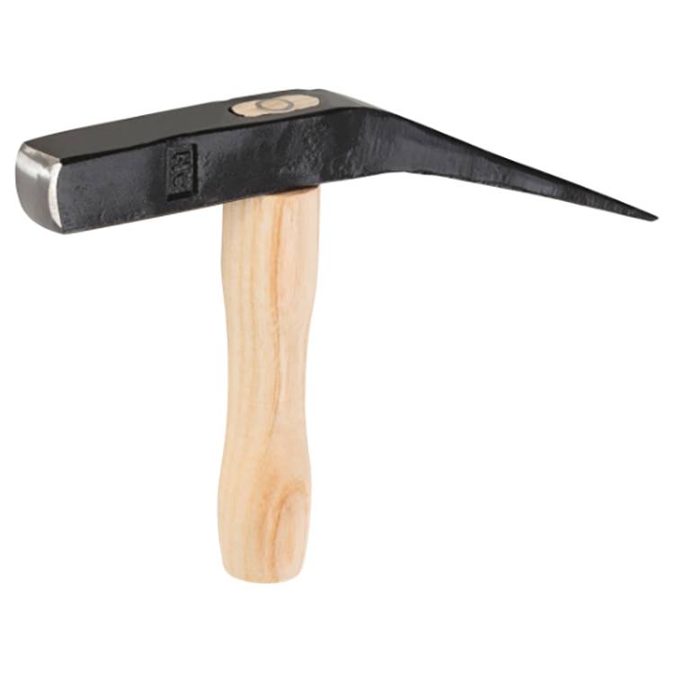 Ein Schlosserhammer mit Holzgriff und schwarzem Metallkopf, mit einer flachen Seite und einer spitzen Seite, verwendet für Metallbearbeitung oder zum Formen.