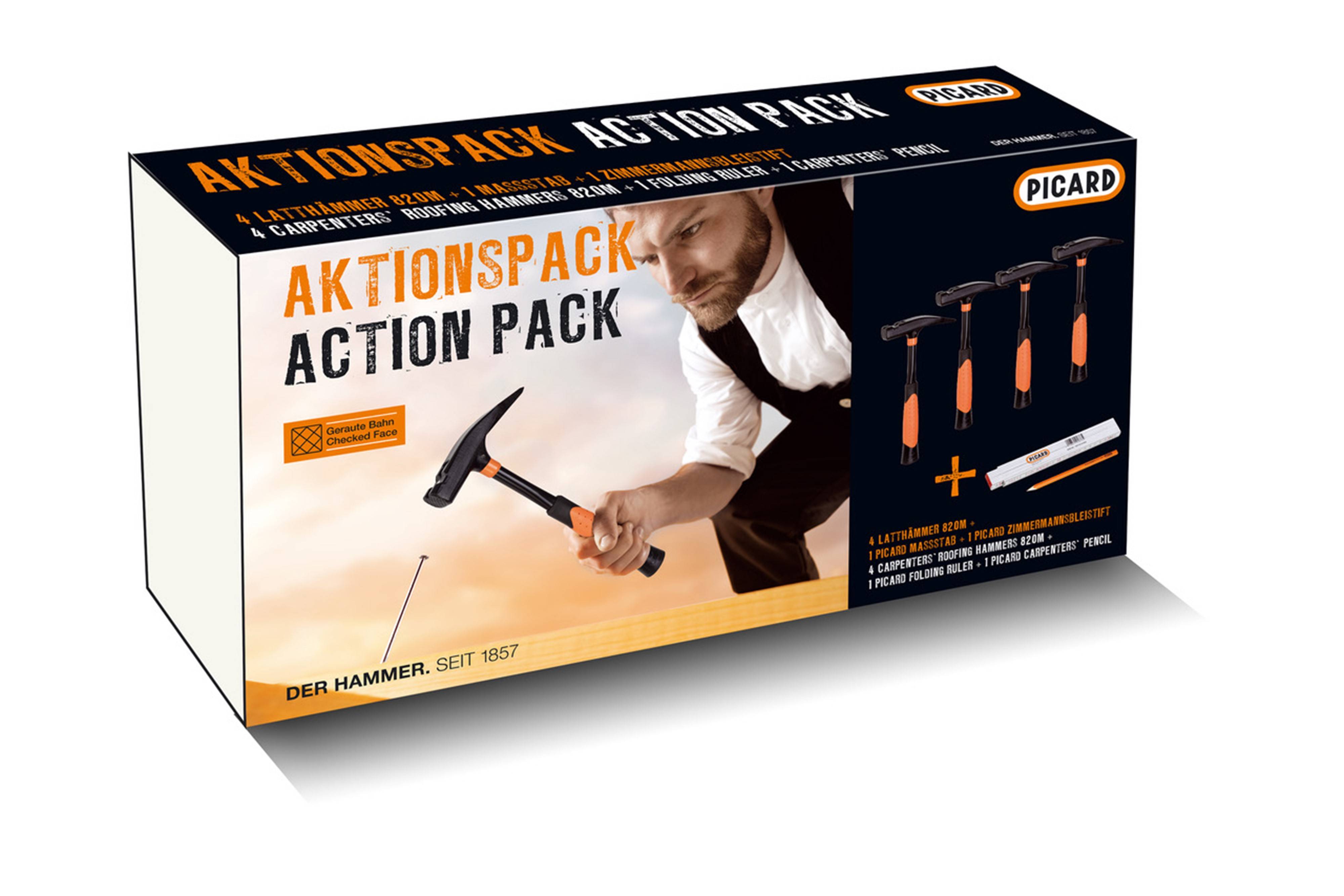 PICARD Aktionspack 4 x Latthammer 820M glatt + 1x Zollstock und 1 x Zimmermannsbleistift