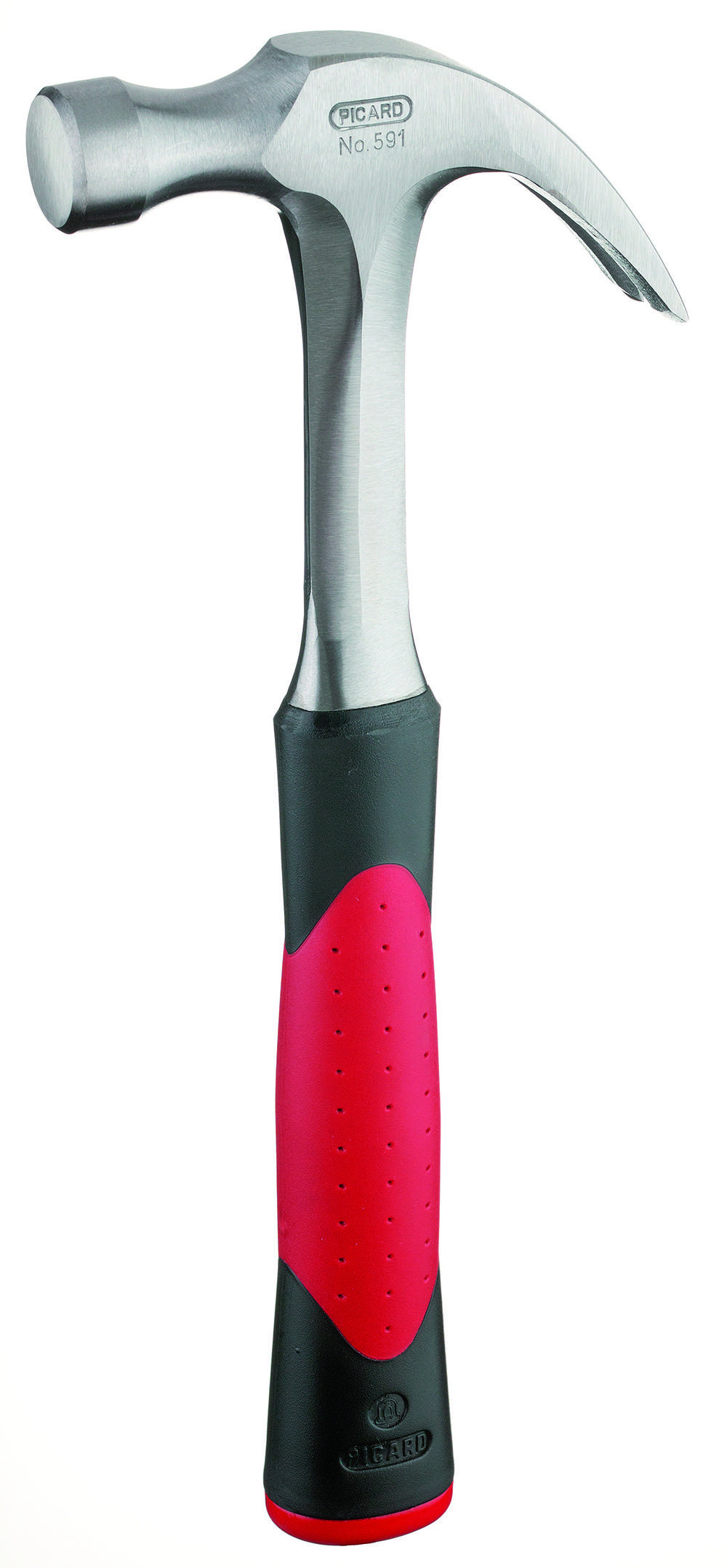 Ein Hammer mit einem Metallkopf und einem rot-schwarzen Gummigriff, entwickelt für Greif- und Schlagaufgaben.