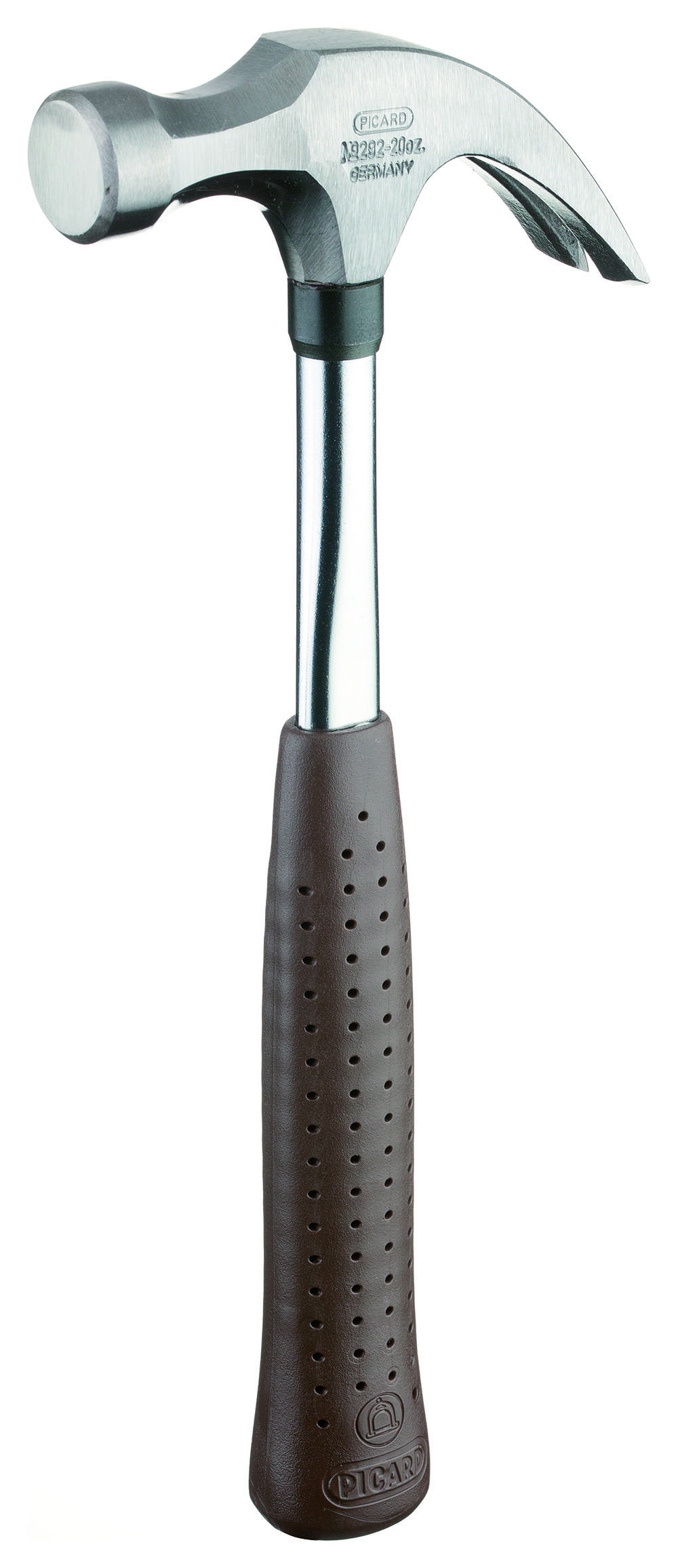 Ein metallischer Griff mit strukturiertem braunem Griffteil, möglicherweise Teil eines Küchengeräts oder Werkzeugs, wird in nahaufgenommener Detailansicht gezeigt.