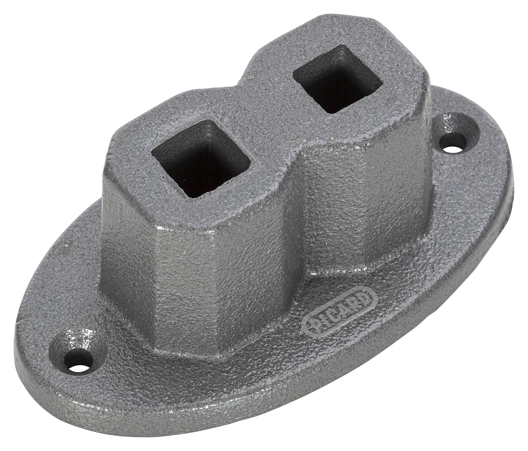 Doppelschlauch-Verteiler mit ovalem Sockel und vorgebohrten Befestigungslöchern, verwendet zum Verbinden von Rohren oder Schläuchen in Industrieanwendungen.