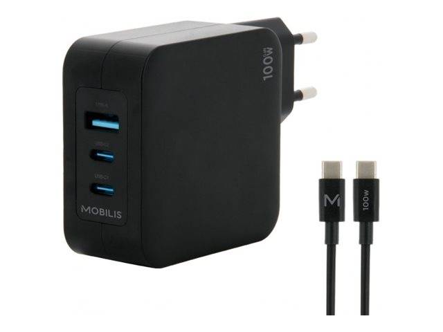 Mobilis - Netzteil - schnell, GaN - 100 Watt - Quick Charge, PD/PPS - 3 Ausgabeanschlussstellen (USB, 2 x USB-C)