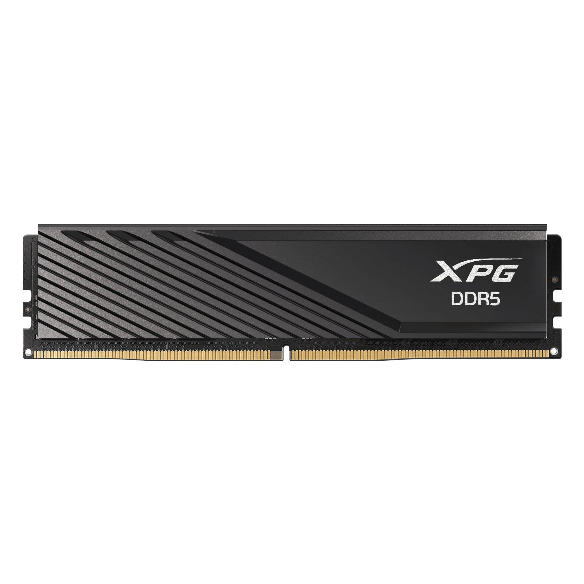 Ein schwarzes XPG DDR5-RAM-Modul mit vergoldeten Anschlüssen, mit einem schlanken geometrischen Design und dem XPG-Logo in der oberen rechten Ecke.
