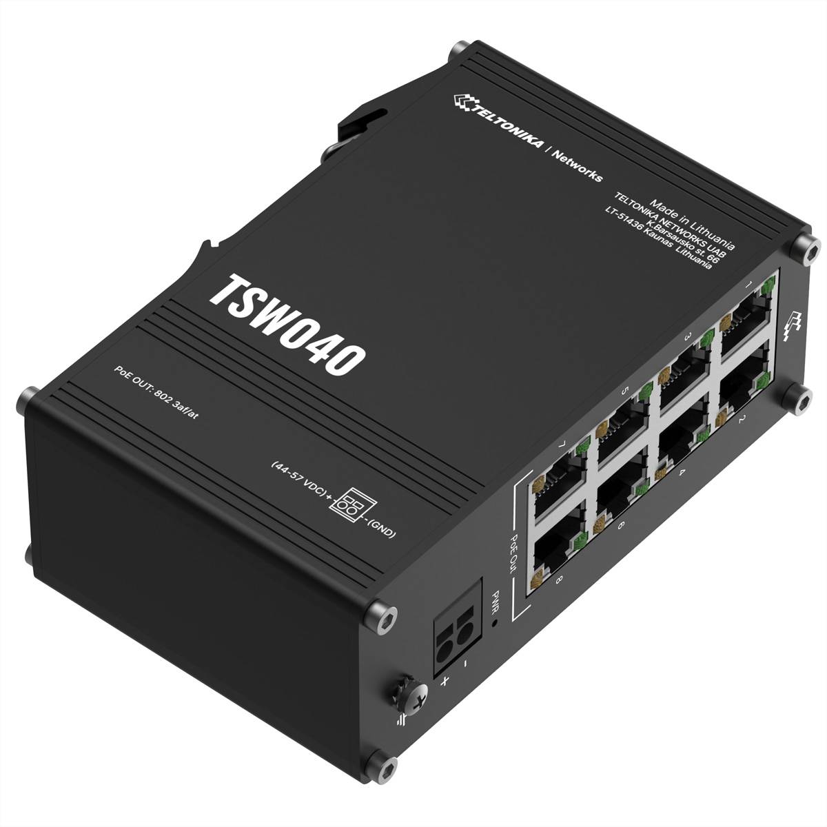 Schwarzer Teltonika Networks TSW040 Industrial Ethernet Switch mit acht RJ45-Anschlüssen in schräggewinkelter Produktansicht.