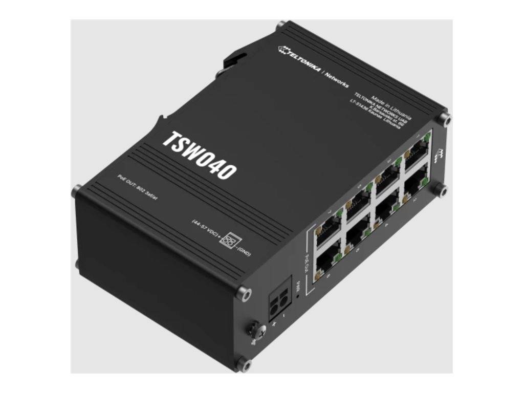 Schwarzer industrieller Ethernet-Switch mit der Bezeichnung 
