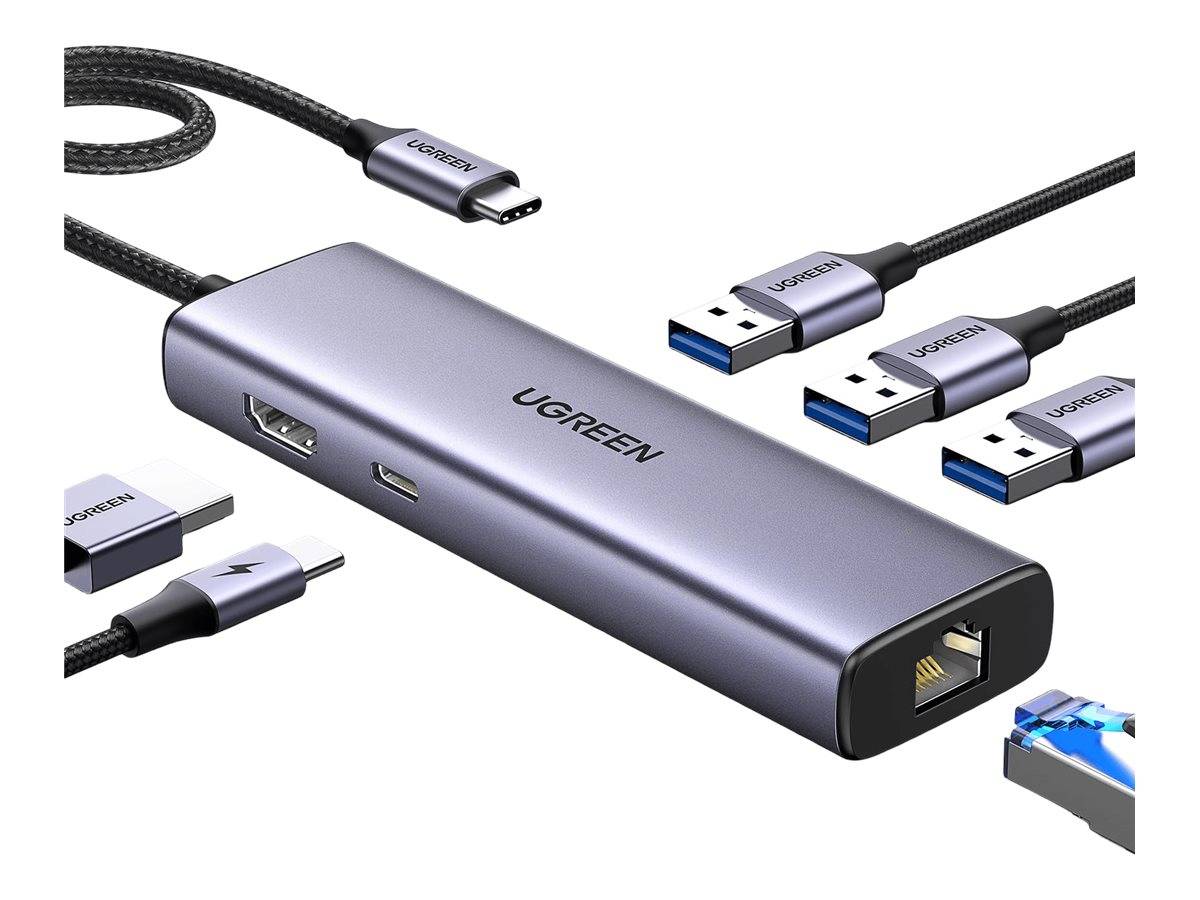 Ein schlanker UGREEN Multi-Port-Hub mit verschiedenen Anschlüssen: HDMI-, USB-A- und Ethernet-Ports. Er ist für einfache Konnektivität und Erweiterung konzipiert.