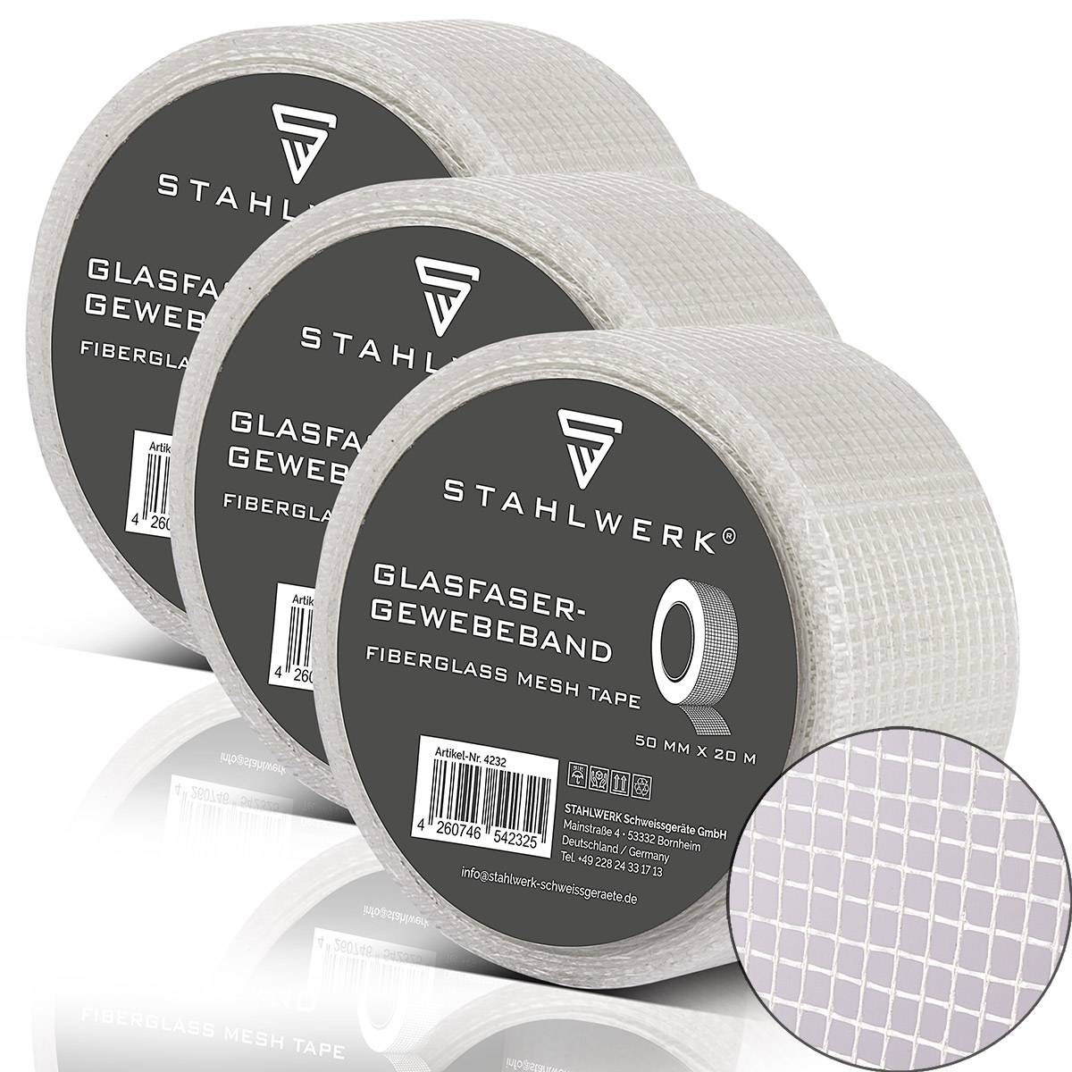 STAHLWERK Glasfaser-Gewebeband 3er Set 20 m x 50 mm, selbstklebend