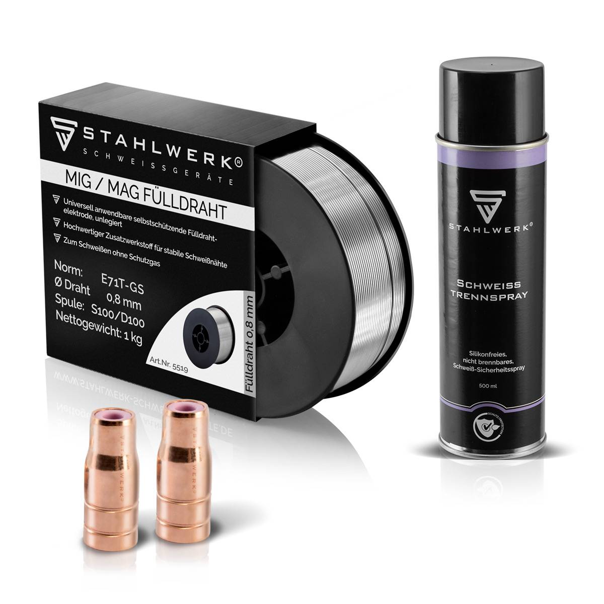 STAHLWERK Fülldrahtdüse 2er Set + Fülldraht 0,8 mm 1 kg + STAHLWERK Trennspray