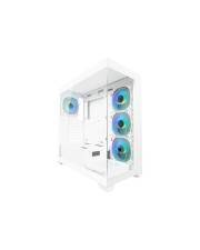 Weißer Desktop-PC-Gehäuse mit transparenter Seitenwand und vier blau beleuchteten Kühlventilatoren, die im Inneren sichtbar sind.