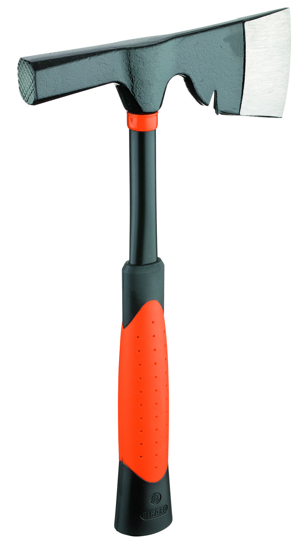 Nahaufnahme eines Werkzeuggriffs mit einem orange-schwarzen Gummigriff, der sein ergonomisches Design für komfortable Handhabung zeigt.