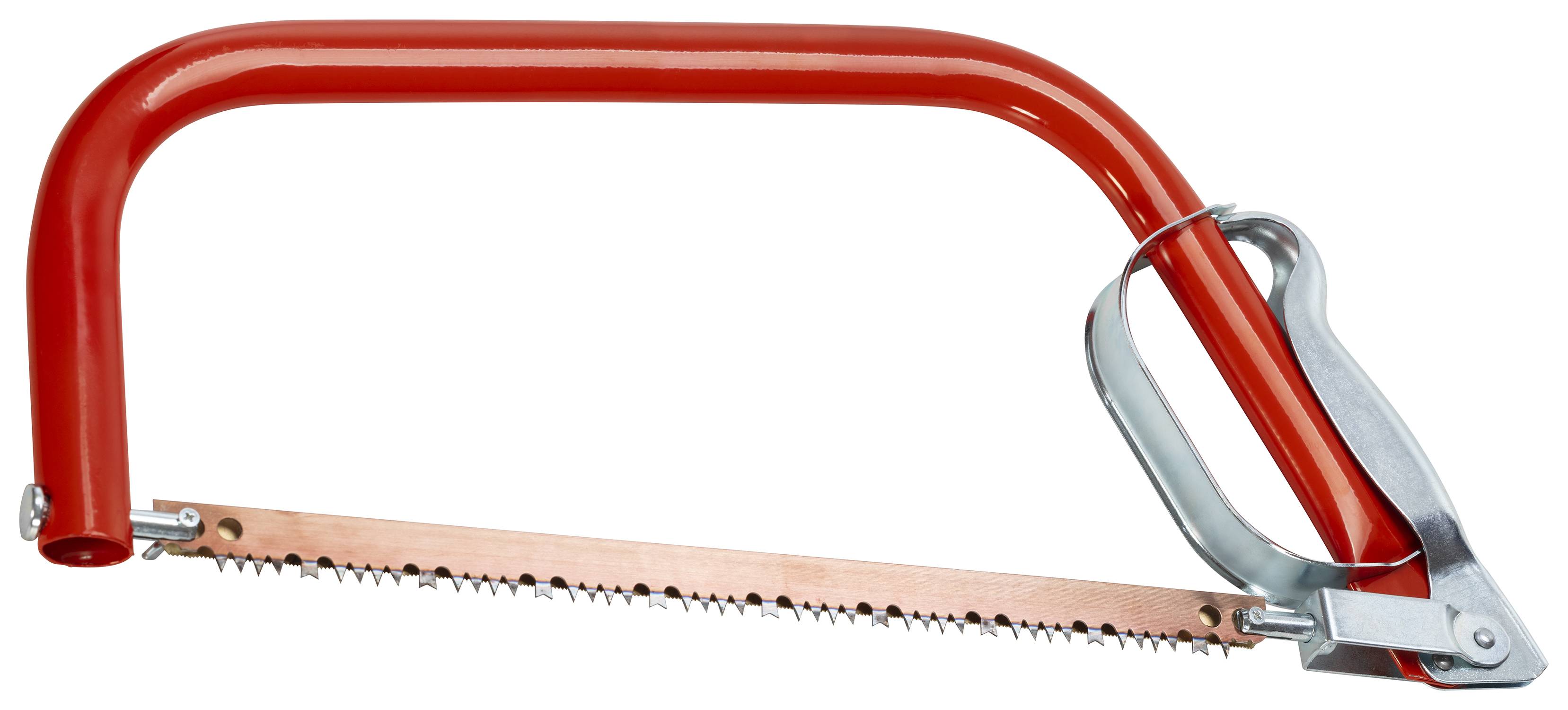 Eine Bügelsäge mit rotem Griff und einer scharfen, gezahnten Klinge zum Schneiden von Holz.