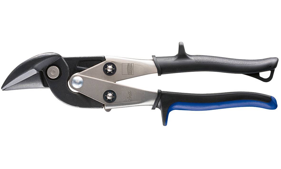 Metallbolzenschneider mit schwarzen und blauen Gummigriffschalen und glänzendem metallischem Schneidekopf, konzipiert zum Durchschneiden dicker Drähte oder Bolzen.