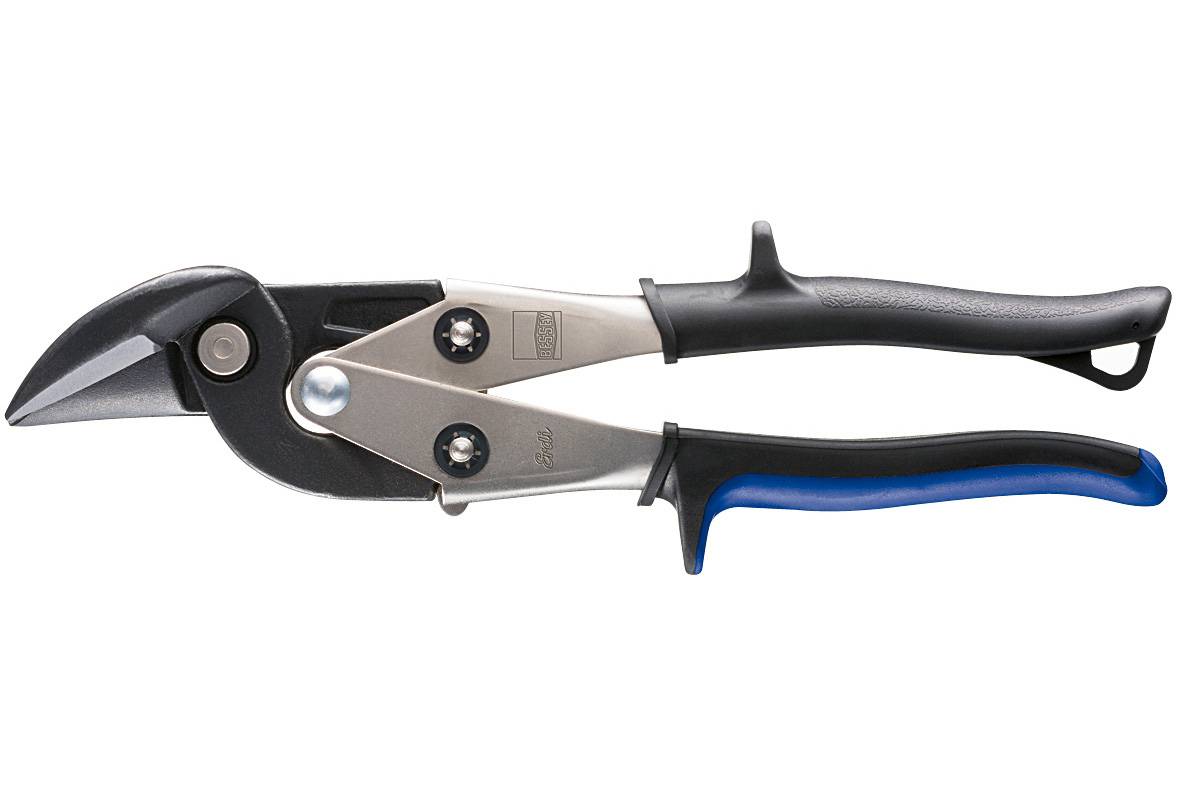Metallschere mit schwarzen und blauen Griffen, konzipiert zum Schneiden von Metallblechen, mit Verriegelungsmechanismus.