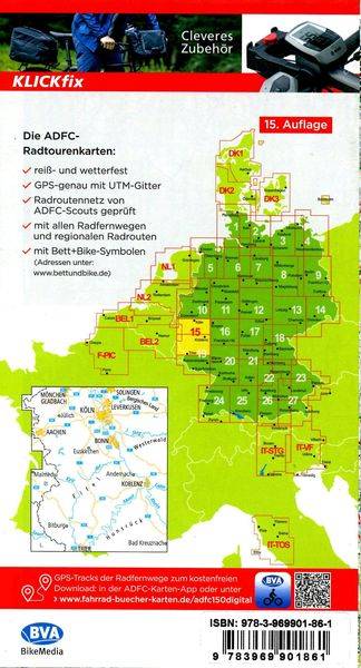 ADFC-Radtourenkarte 15 Rheinland /Eifel 1:150.000, reiß- und wetterfest, E-Bike