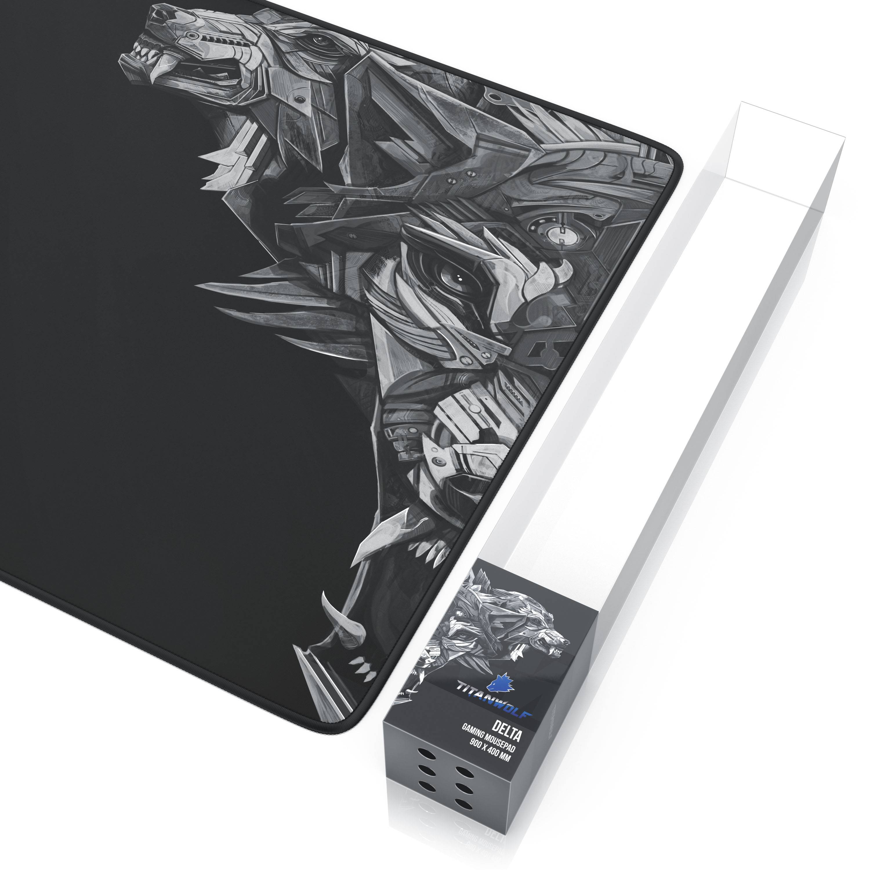 Titanwolf Gaming Mauspad XXL, glattes Stoffgewebe, Speed Mousepad 900 x 400mm große Fläche, Wolfsmotiv rechts
