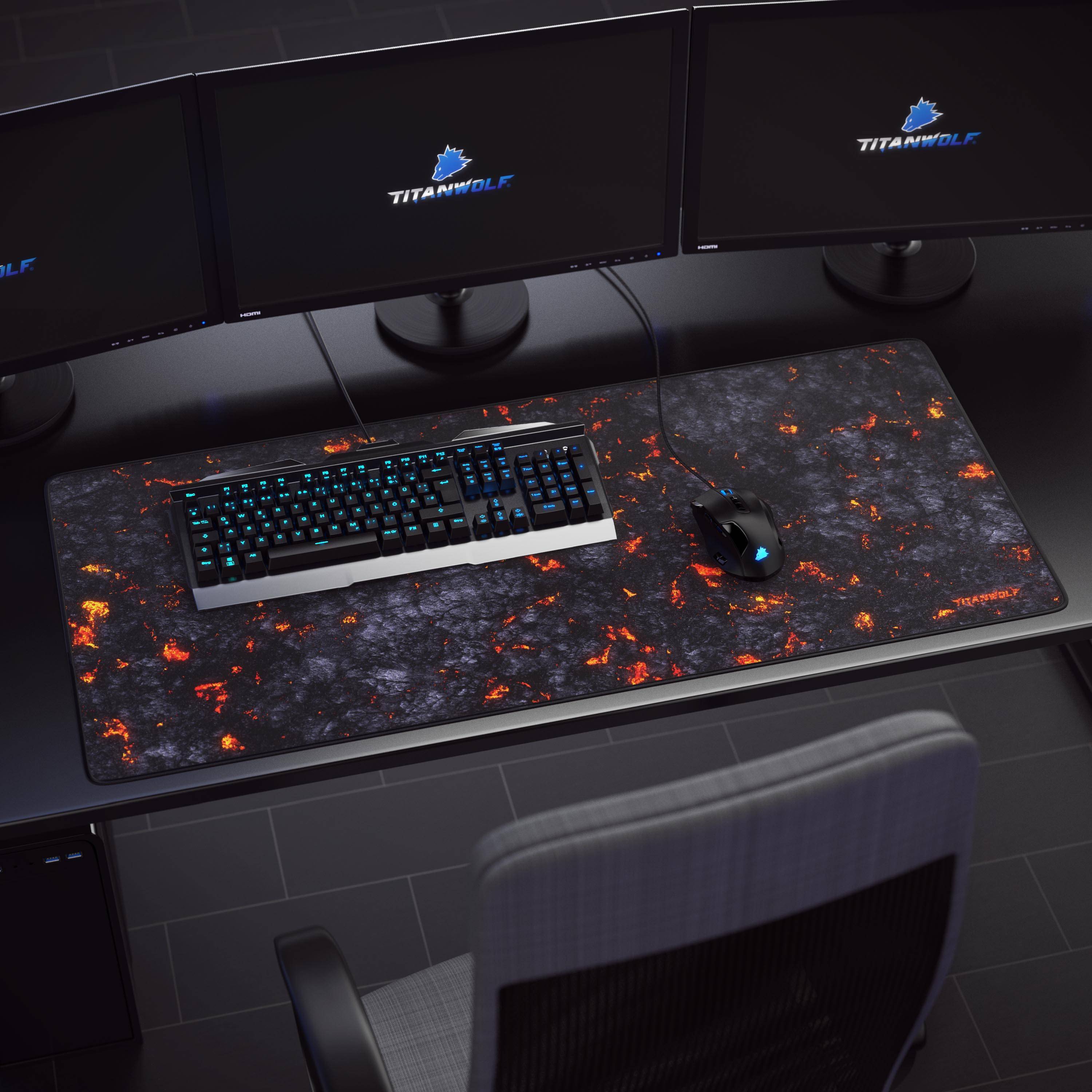 Titanwolf Gaming Mauspad XXL, glattes Stoffgewebe, Speed Mousepad 900 x 400mm große Fläche, Lavamotiv
