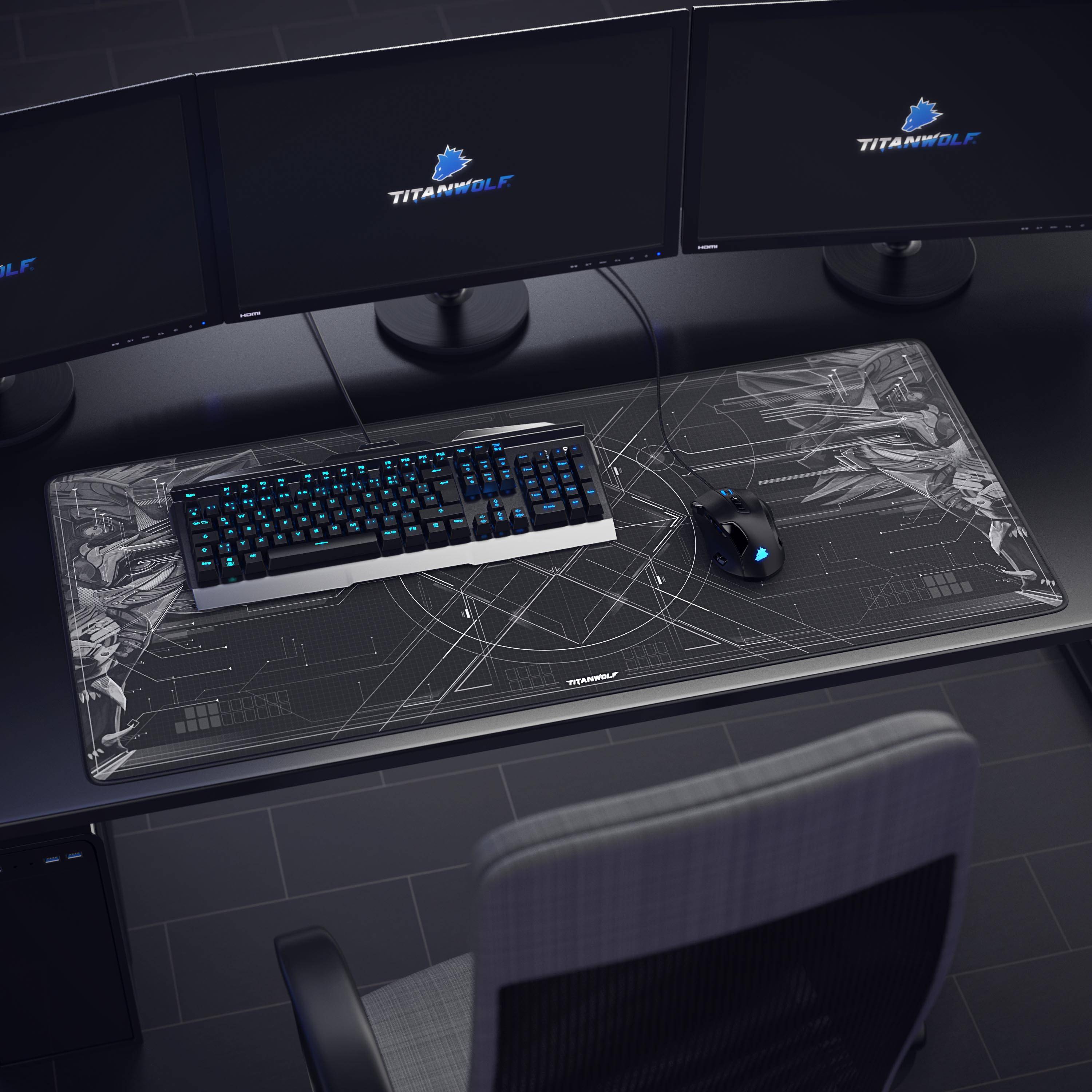 Titanwolf Gaming Mauspad XXL, glattes Stoffgewebe, Speed Mousepad 900 x 400mm große Fläche, HUD Motiv