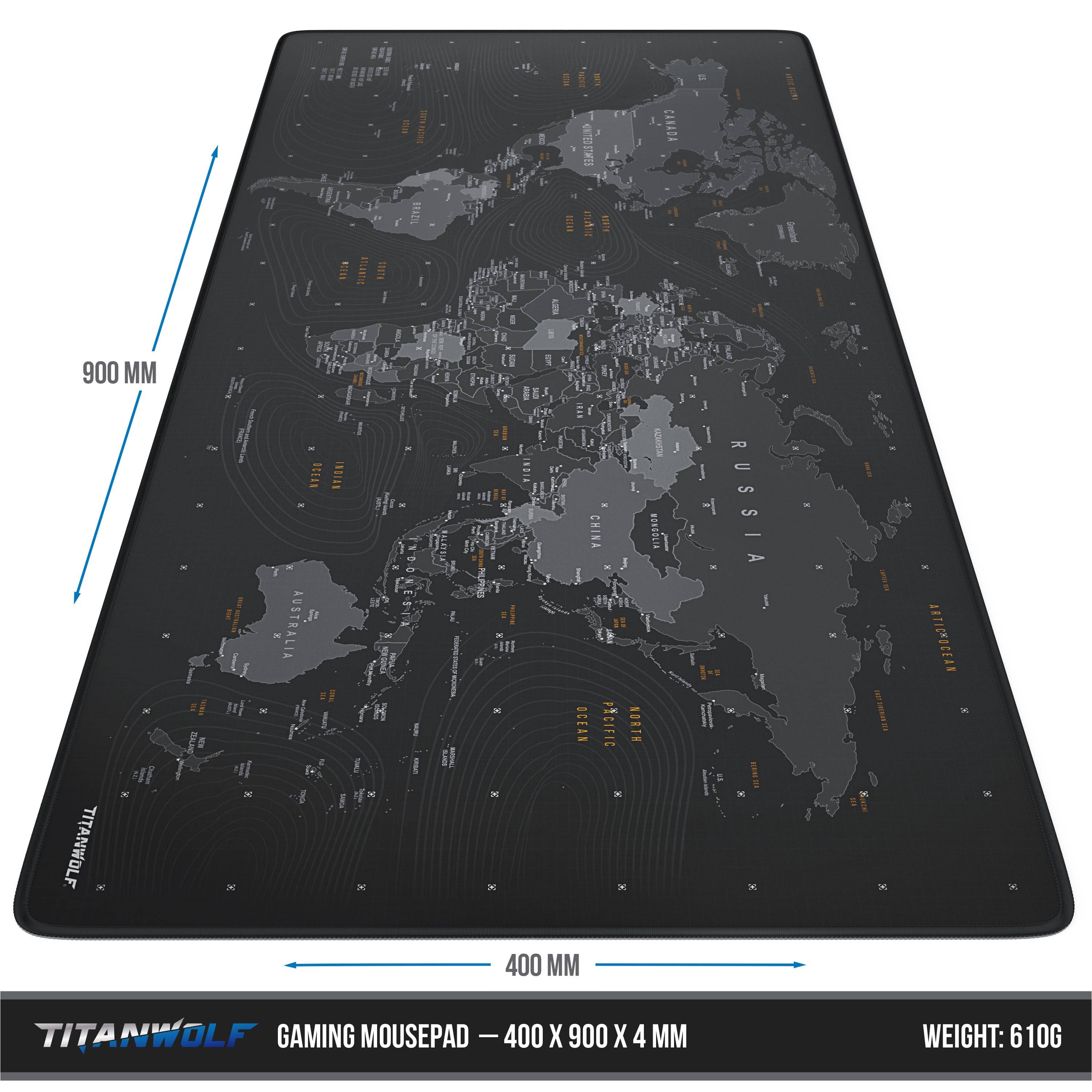 Titanwolf Gaming Mauspad XXL, glattes Stoffgewebe, Speed Mousepad 900 x 400mm große Fläche, Globus