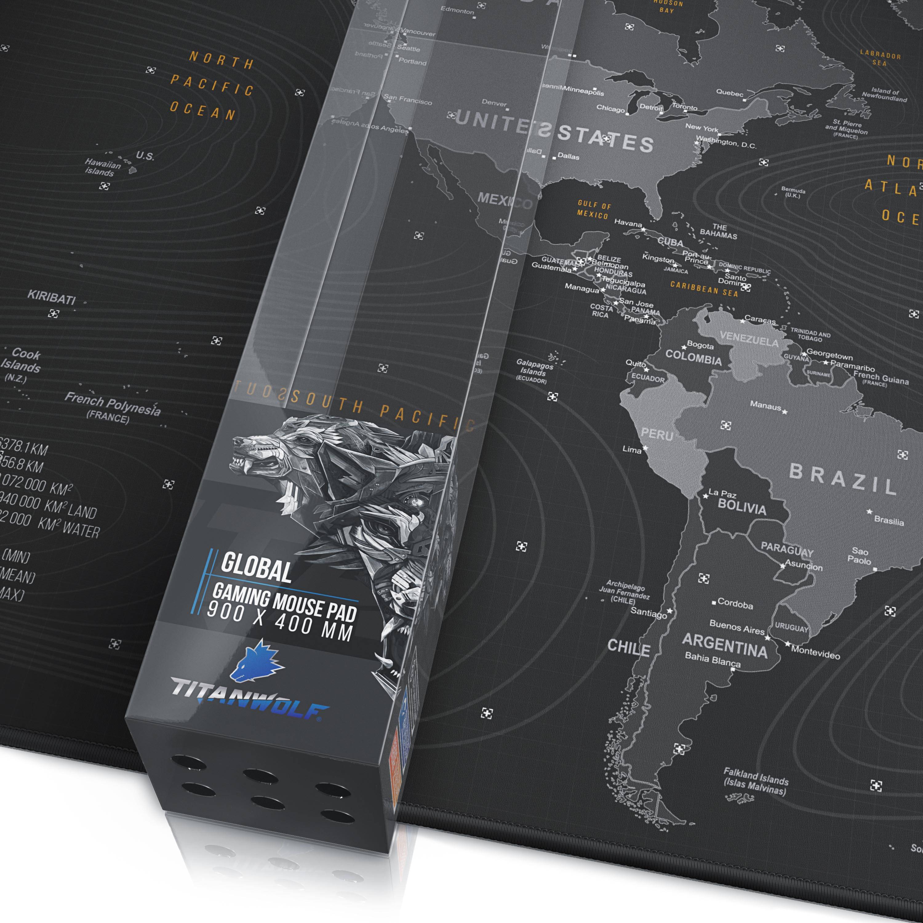 Titanwolf Gaming Mauspad XXL, glattes Stoffgewebe, Speed Mousepad 900 x 400mm große Fläche, Globus