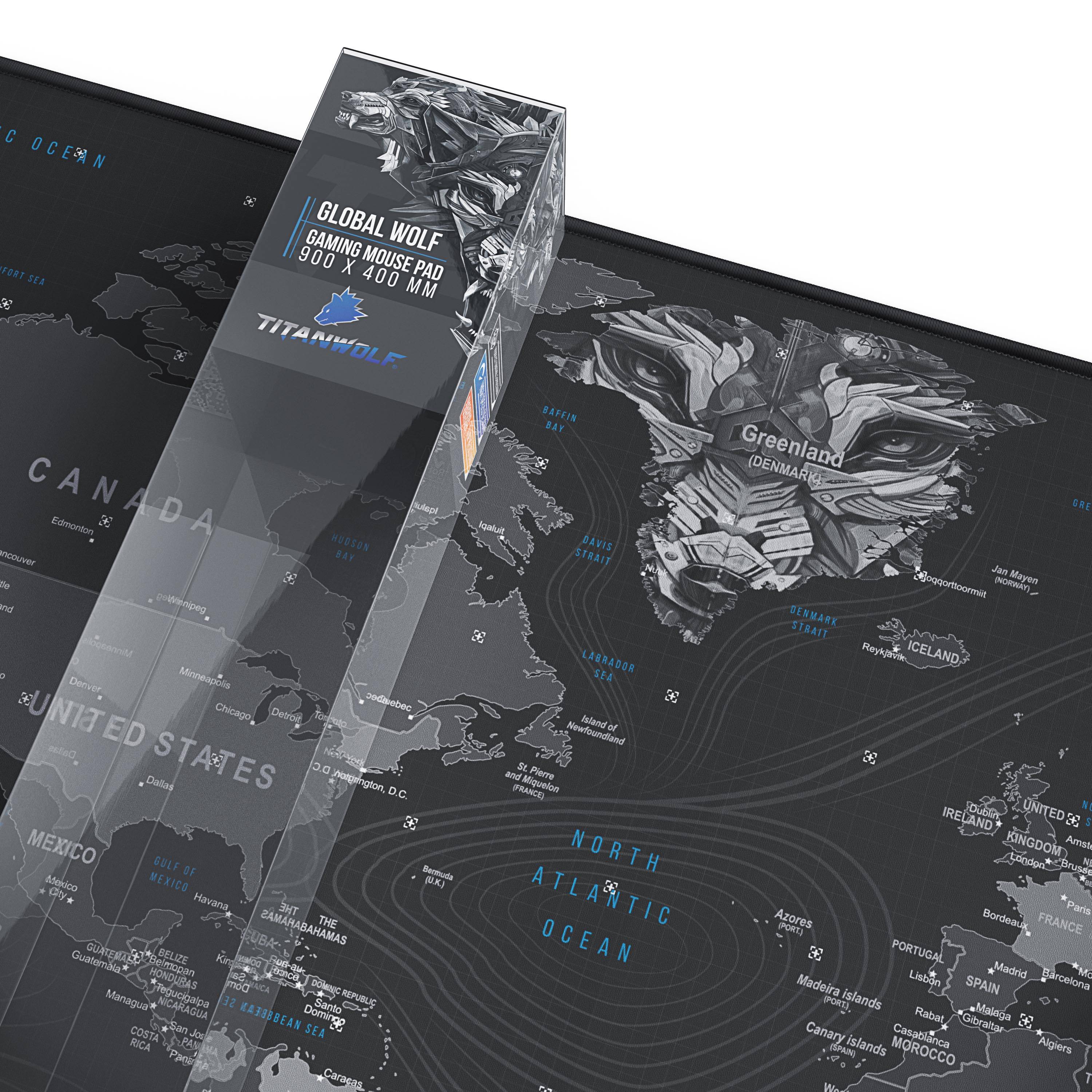 Titanwolf Gaming Mauspad XXL, glattes Stoffgewebe, Speed Mousepad, 900 x 400mm große Fläche, Globus