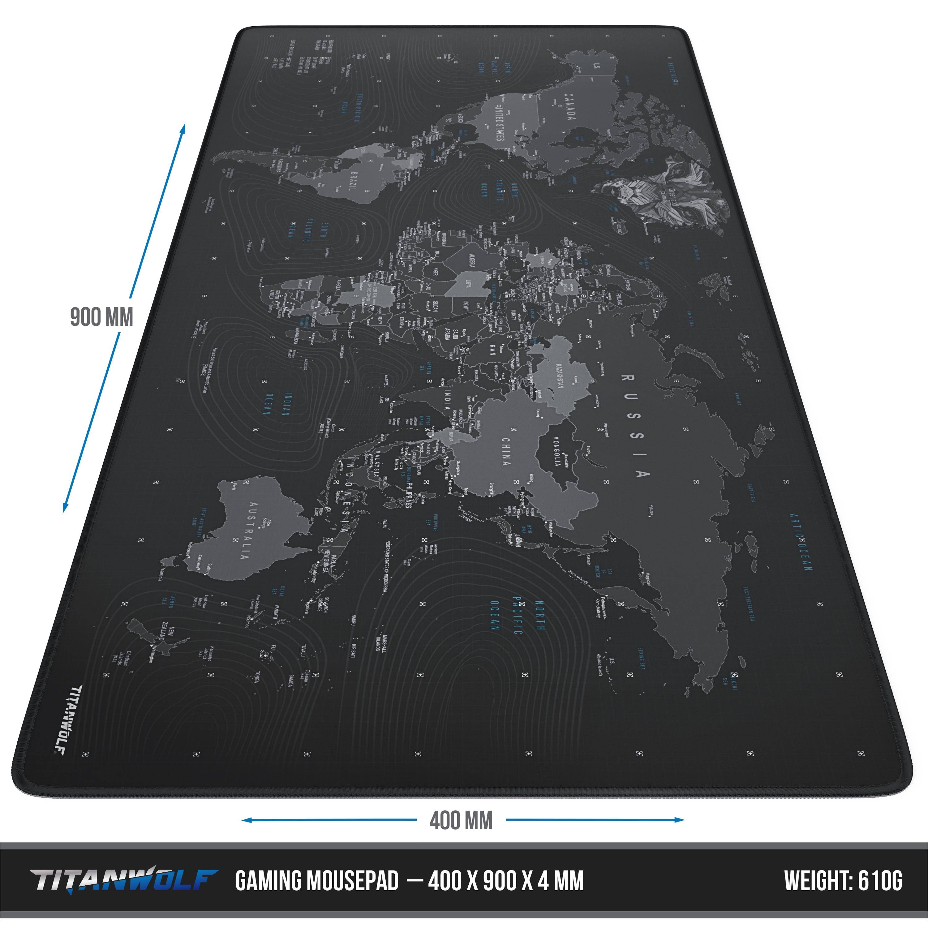 Titanwolf Gaming Mauspad XXL, glattes Stoffgewebe, Speed Mousepad, 900 x 400mm große Fläche, Globus