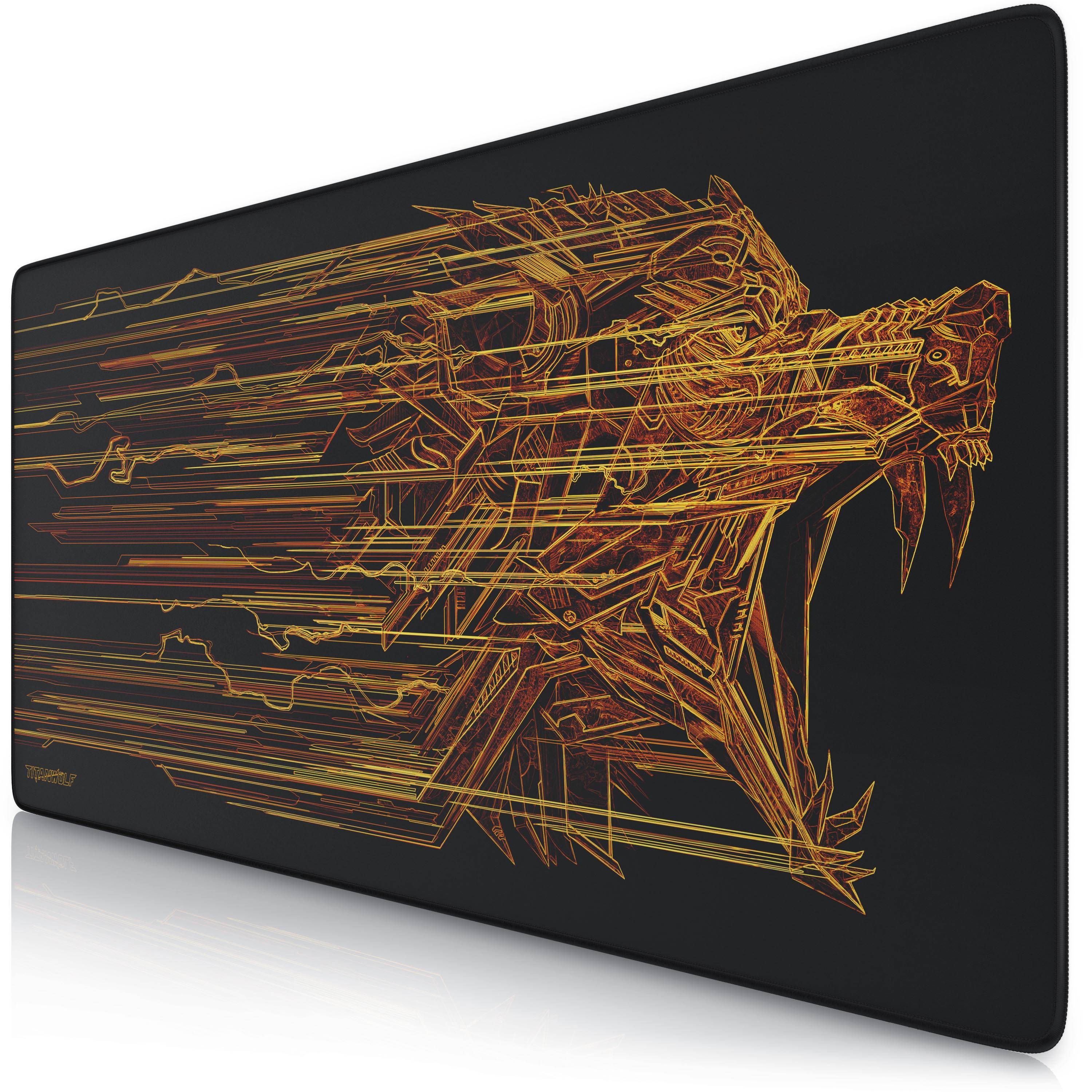 Titanwolf Gaming Mauspad XXL, glattes Stoffgewebe, Speed Mousepad 900 x 400mm große Fläche, Wolfsmotiv orange