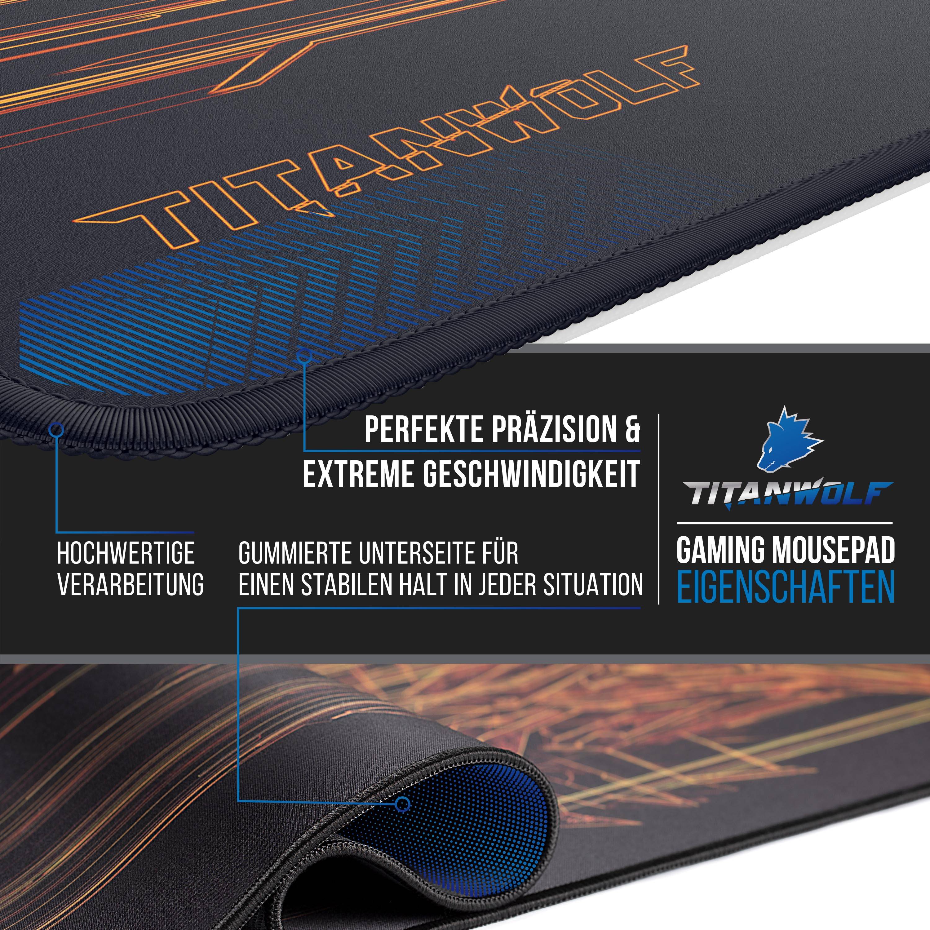 Titanwolf Gaming Mauspad XXL, glattes Stoffgewebe, Speed Mousepad 900 x 400mm große Fläche, Wolfsmotiv orange
