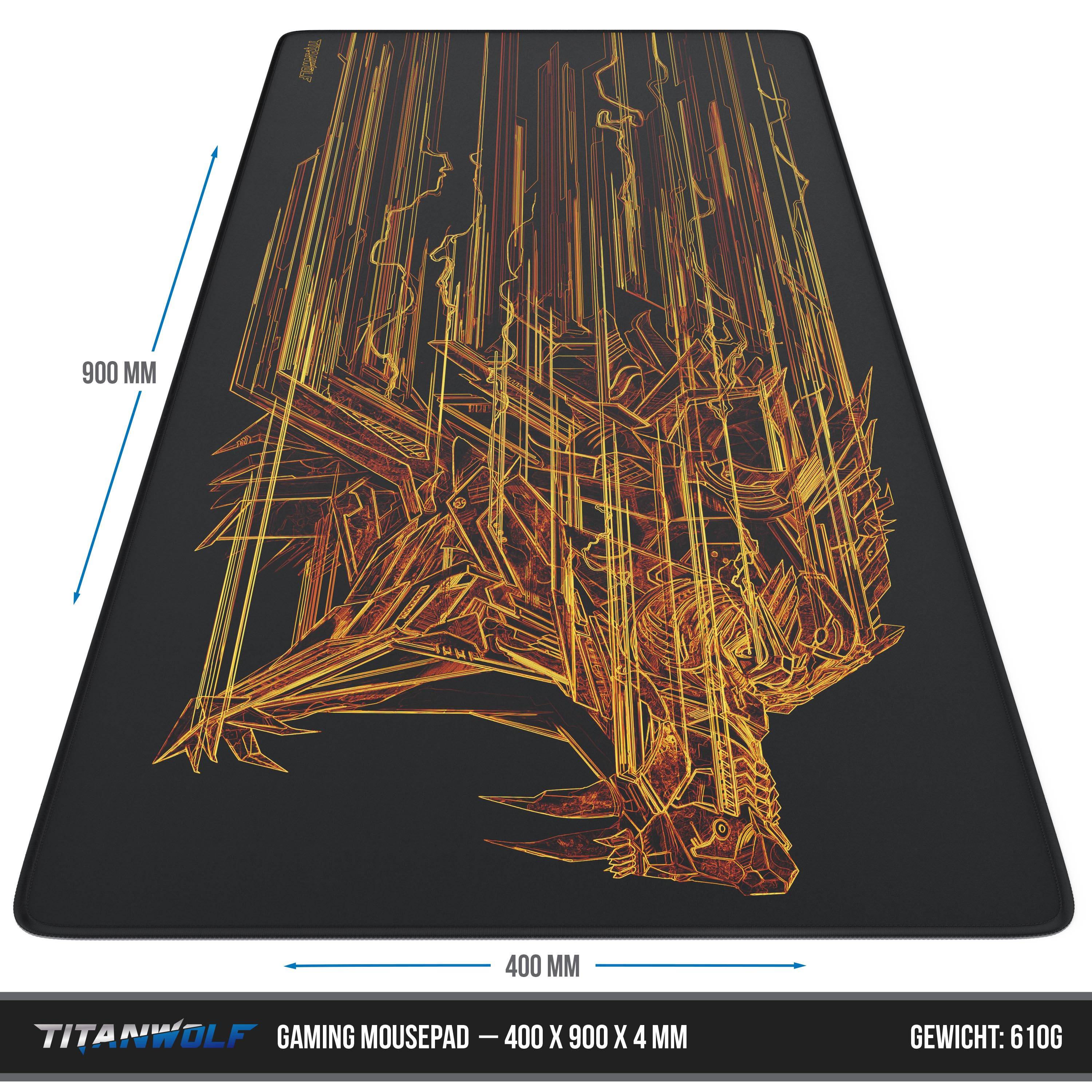 Titanwolf Gaming Mauspad XXL, glattes Stoffgewebe, Speed Mousepad 900 x 400mm große Fläche, Wolfsmotiv orange