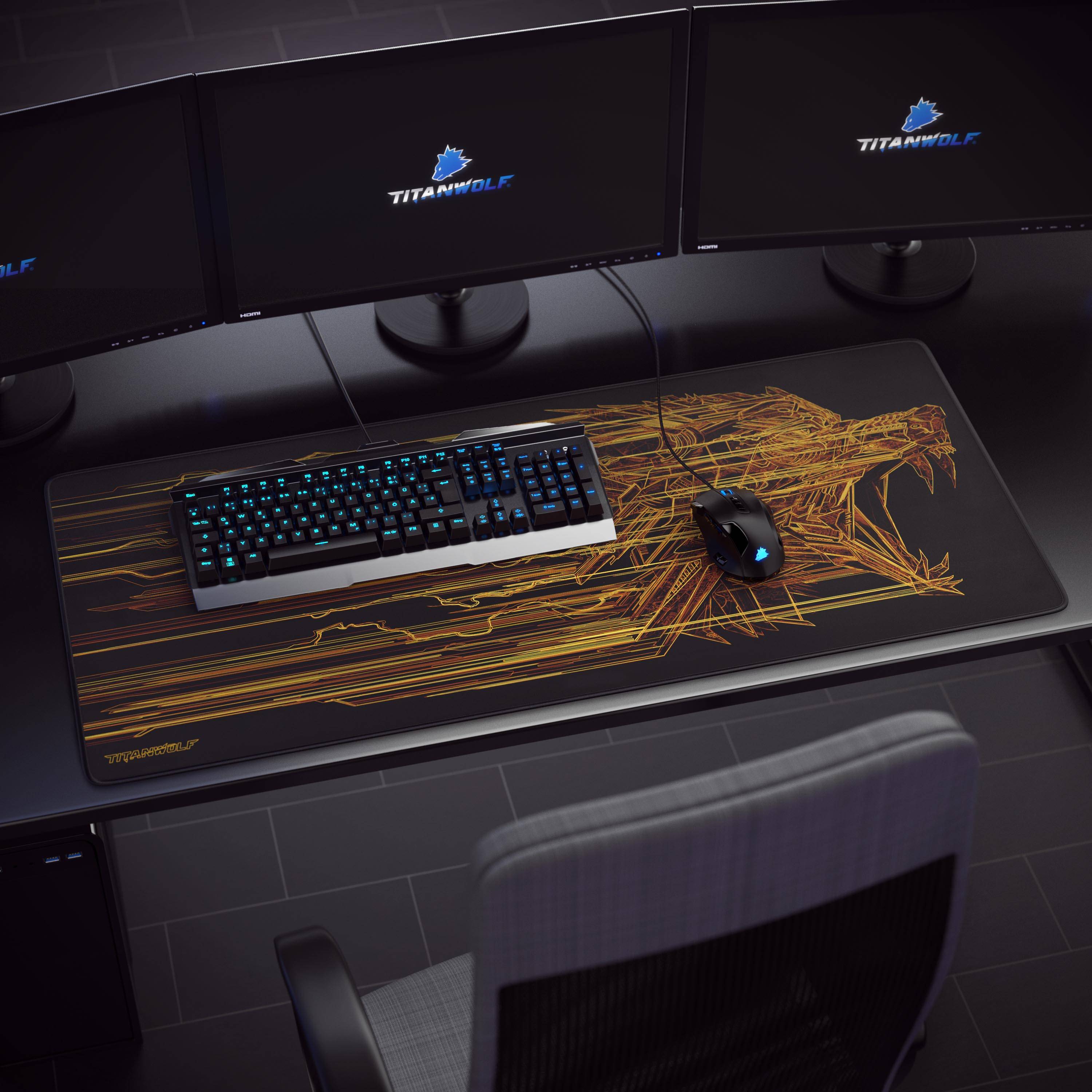 Titanwolf Gaming Mauspad XXL, glattes Stoffgewebe, Speed Mousepad 900 x 400mm große Fläche, Wolfsmotiv orange