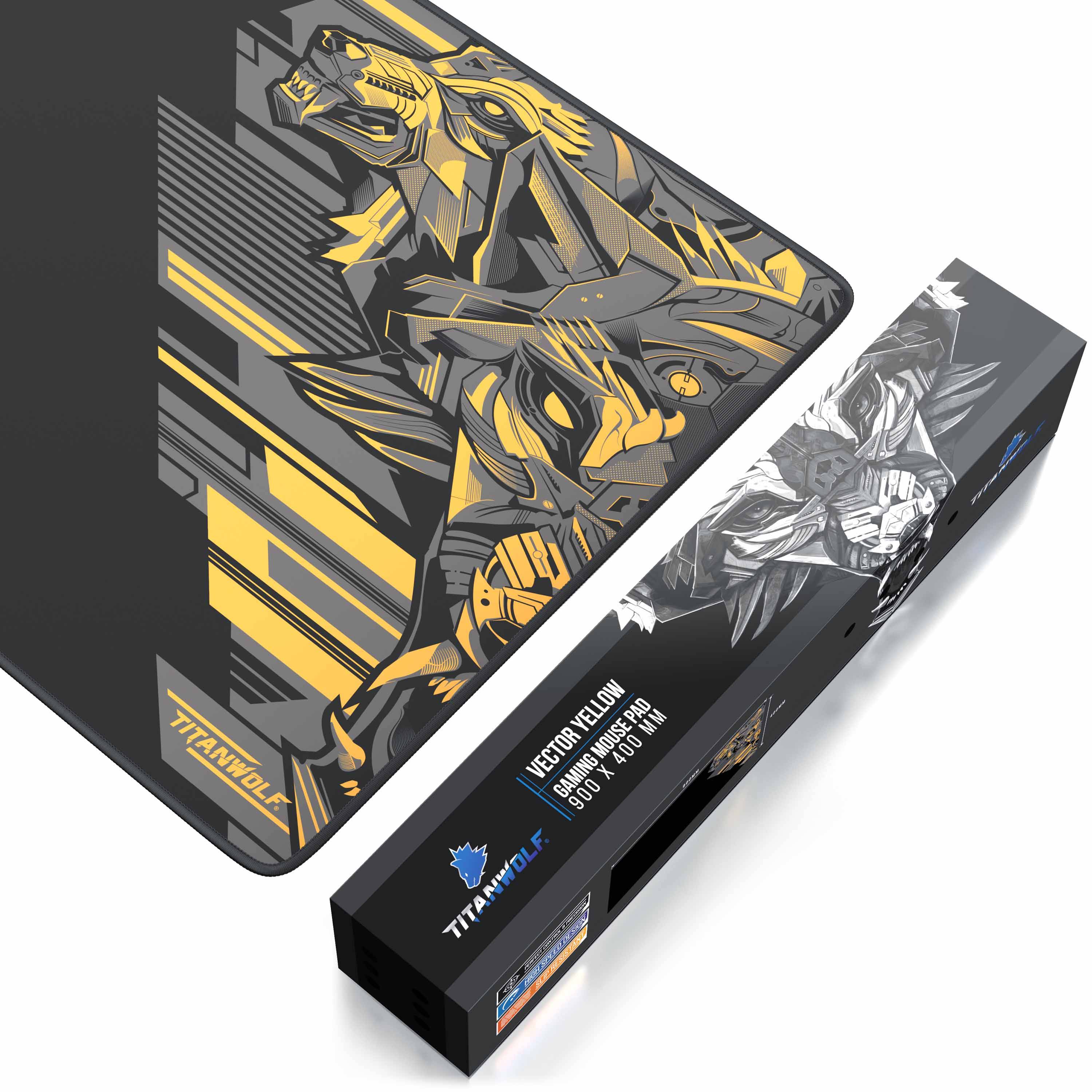 Titanwolf Gaming Mauspad XXL, glattes Stoffgewebe, Speed Mousepad 900 x 400mm große Fläche, Vector Gelb