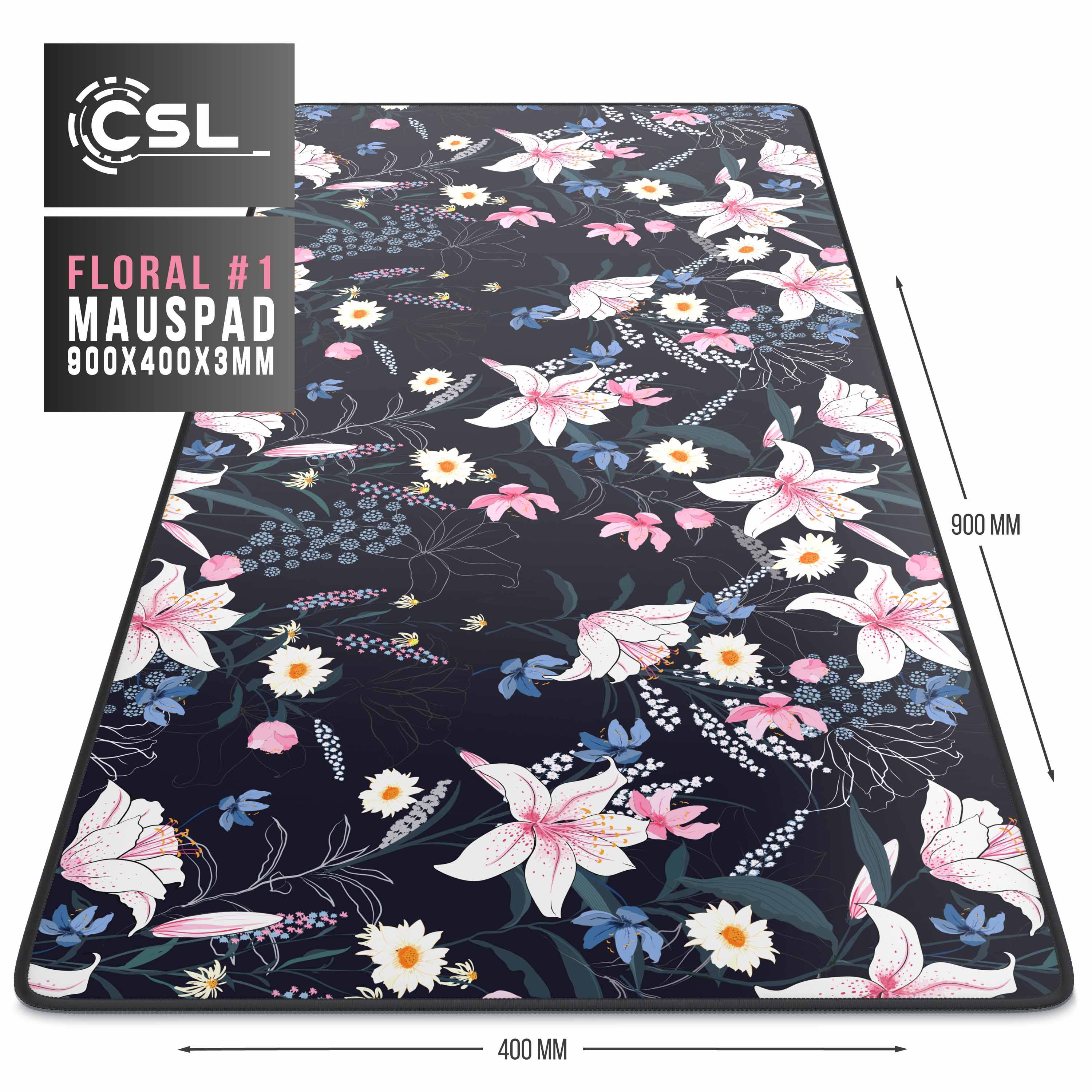 CSL Gaming Mauspad, XXL Schreibtischunterlage 900 x 400mm mit gewebter Microfastertextur, Flowers