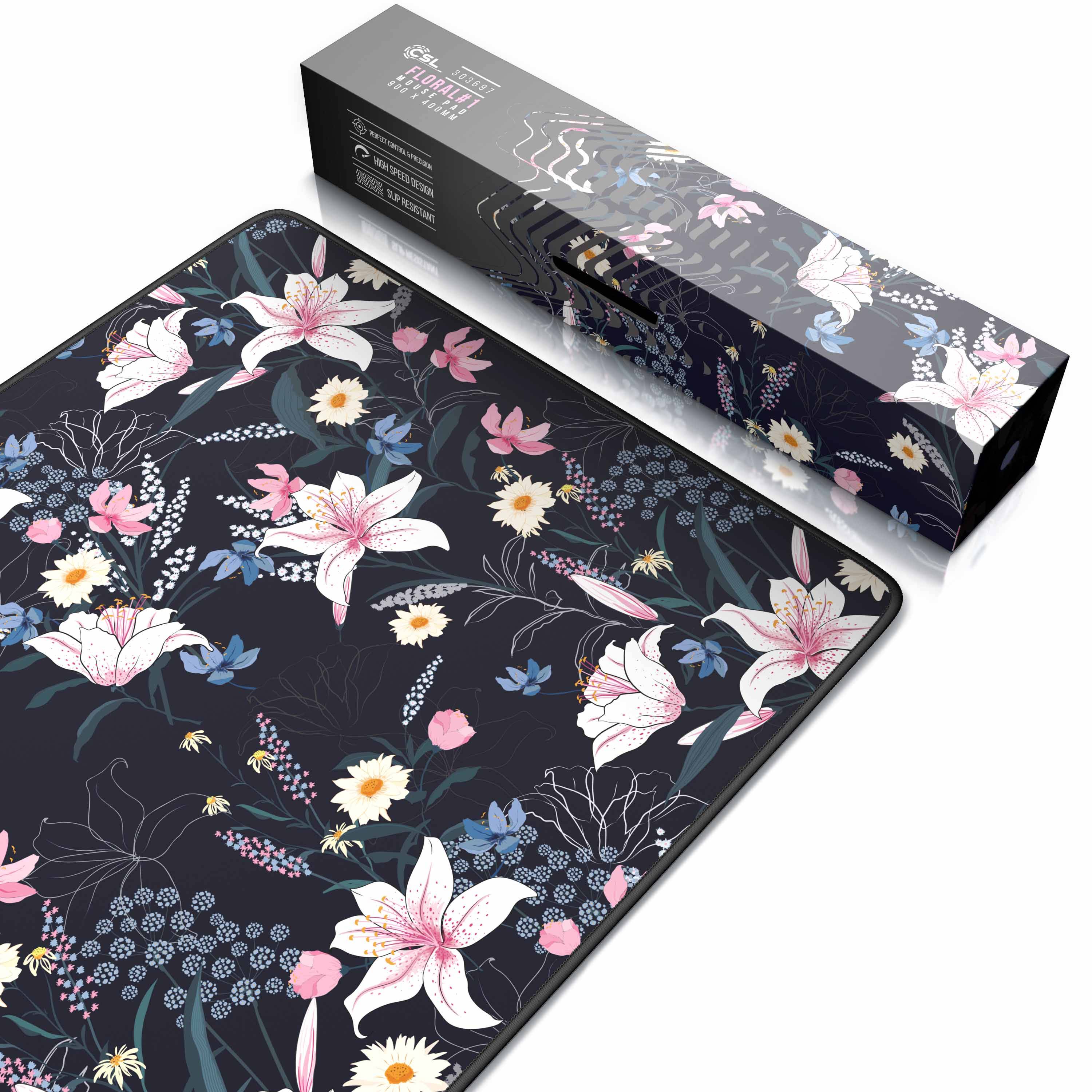 CSL Gaming Mauspad, XXL Schreibtischunterlage 900 x 400mm mit gewebter Microfastertextur, Flowers