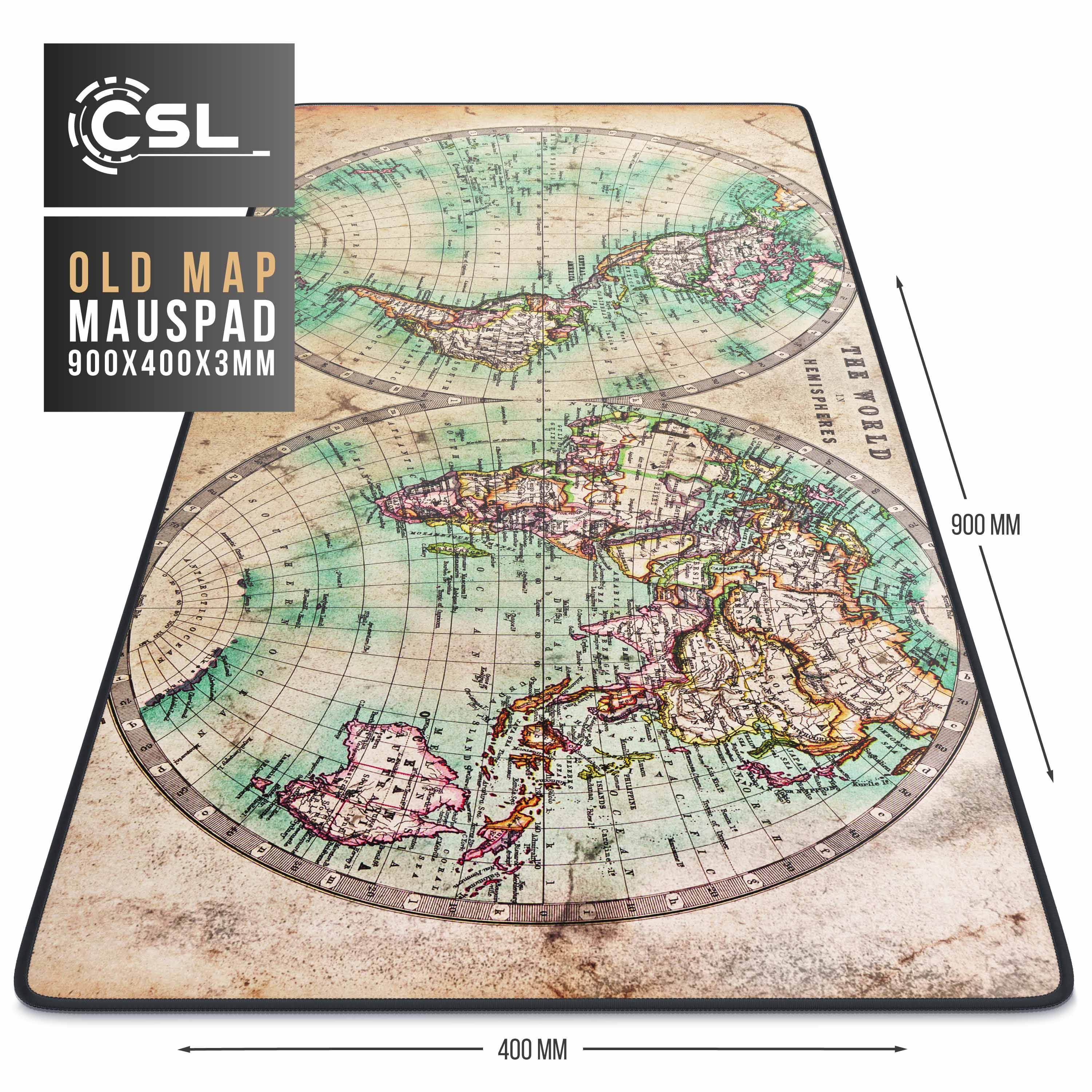 CSL Gaming Mauspad, XXL Schreibtischunterlage 900 x 400mm, Präzision & Geschwindigkeit, Old Map