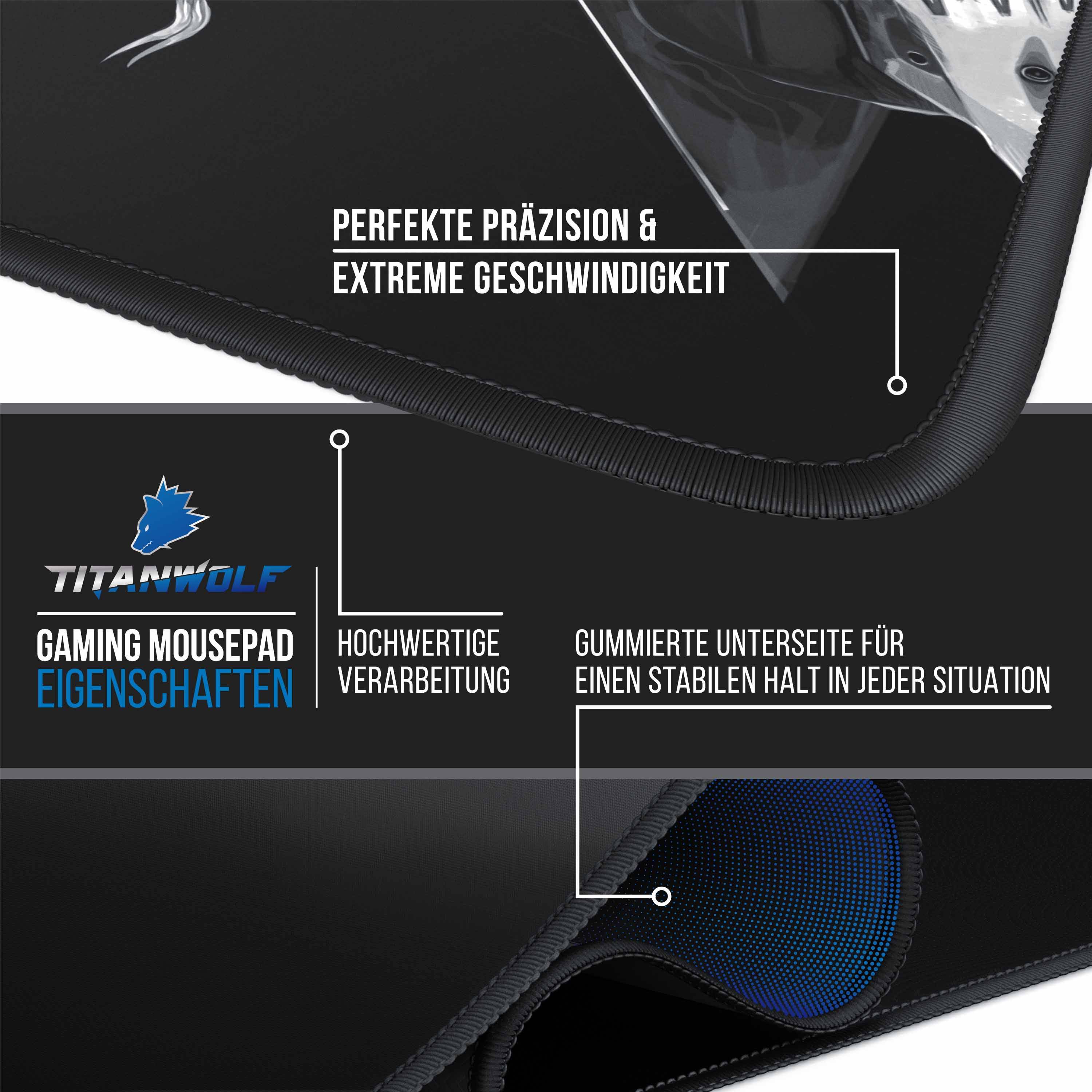 Titanwolf Gaming Mauspad, 900 x 400mm XXL Mousepad, verbessert Präzision & Geschwindigkeit, Wolf Skull